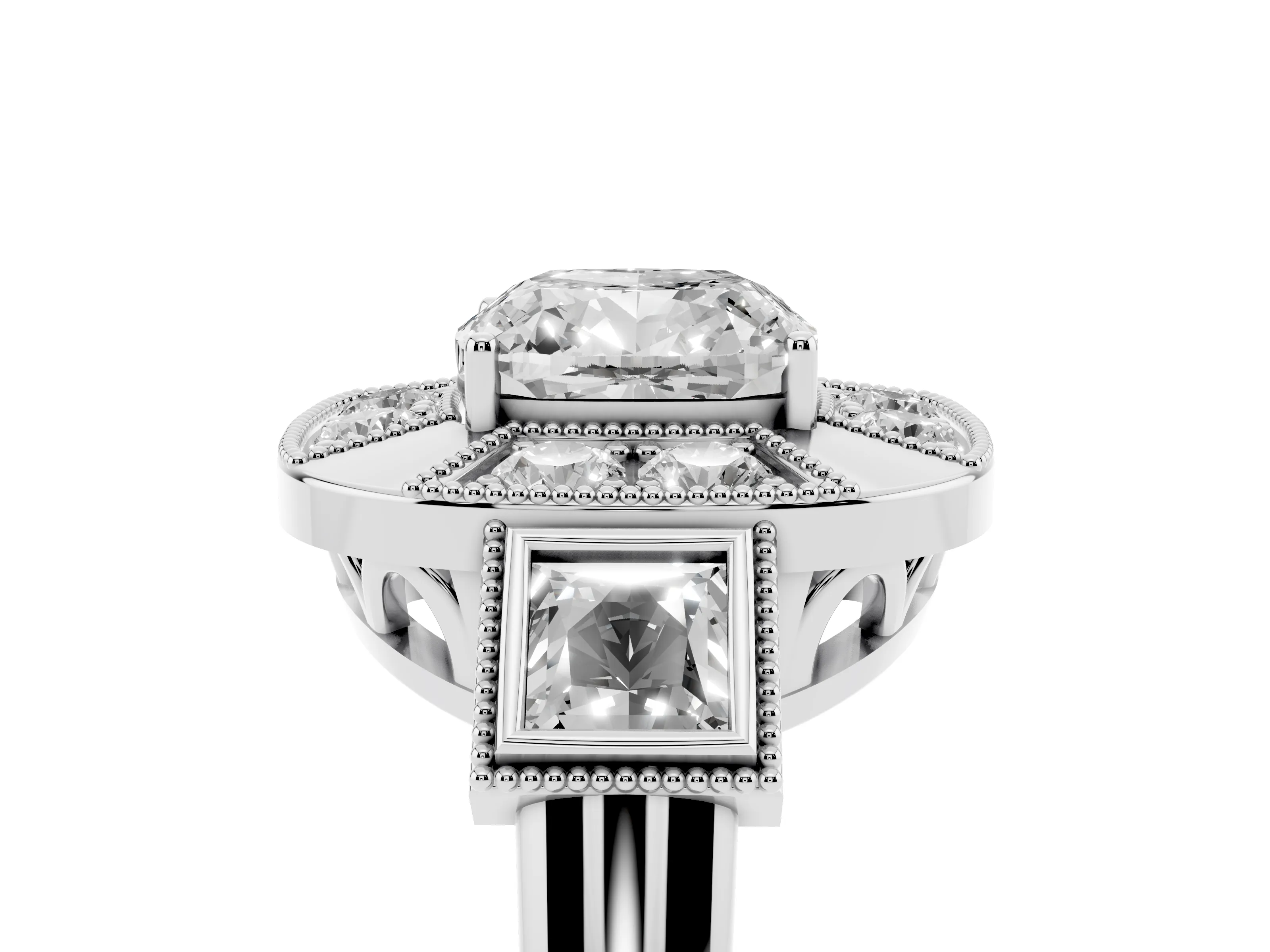 Cushion Cut Diamond Milgrain Halo Ring Set in Silver with Split Shank