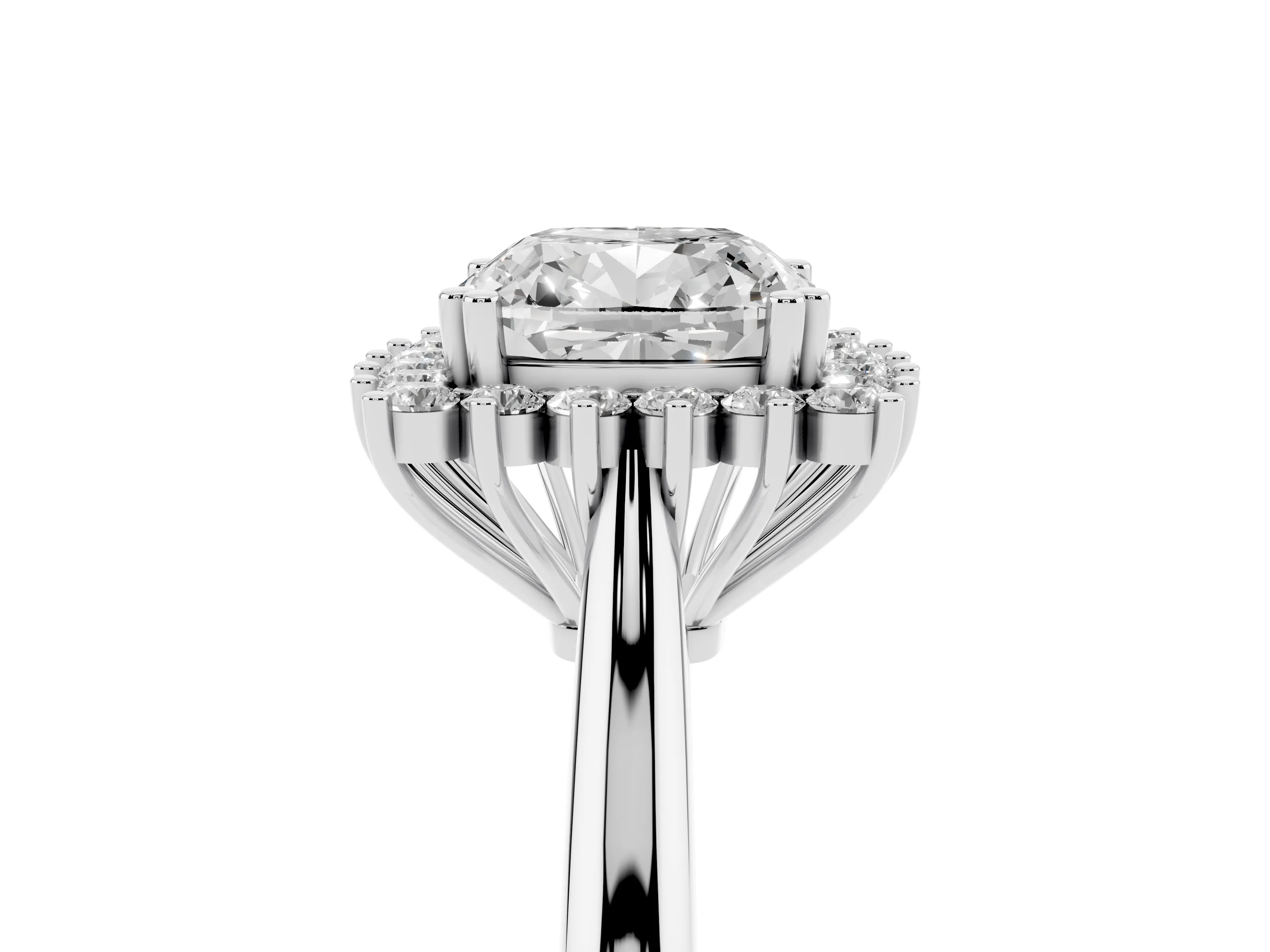 Cushion Cut Diamond Halo Ring Set in Platinum with Plain Solitaire Band and Prong Setting