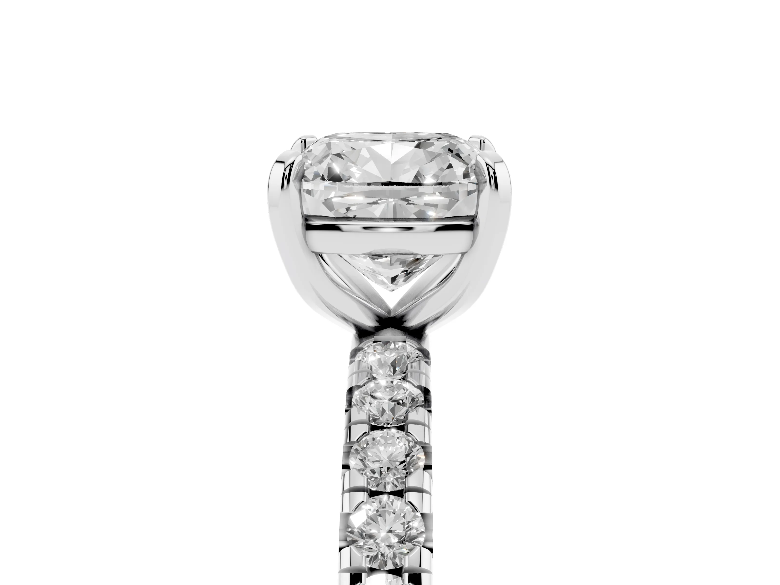 Cushion Cut Diamond Pavé Solitaire Ring Set in White gold with Round Band and Prong Setting