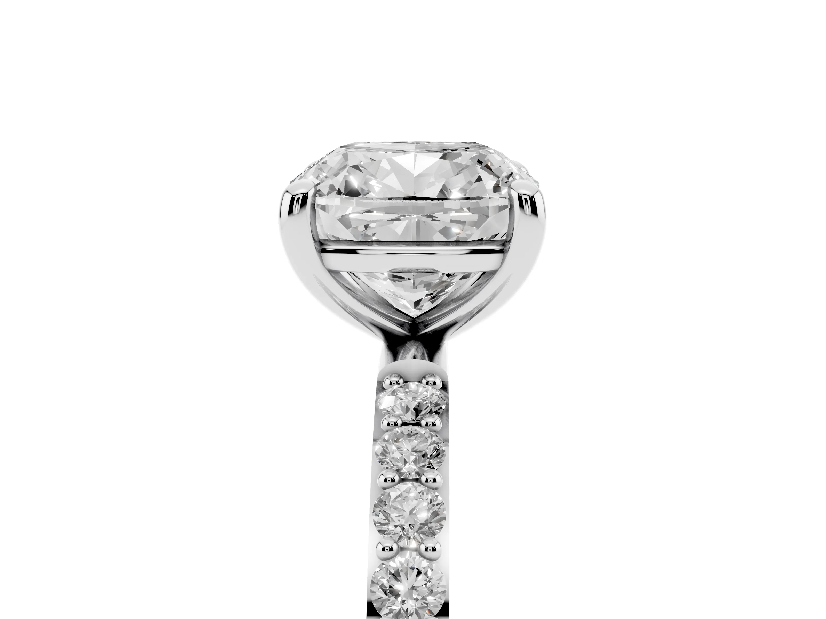 Cushion Cut Diamond Solitaire Ring Set in Platinum with Round Pavé Band and Prong Setting