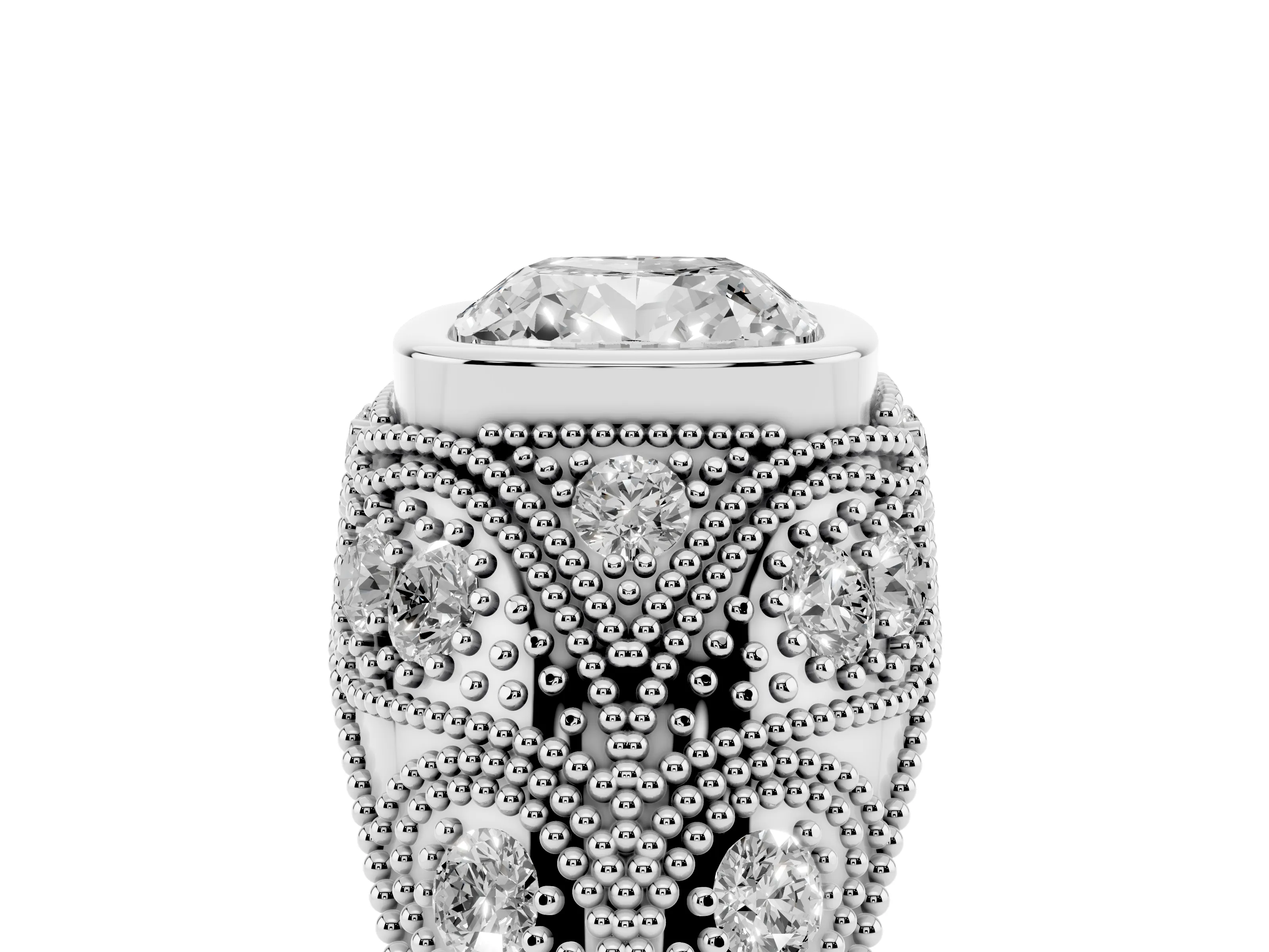 Cushion Cut Diamond Bezel Ring Set in Silver with Milgrain Accent Band