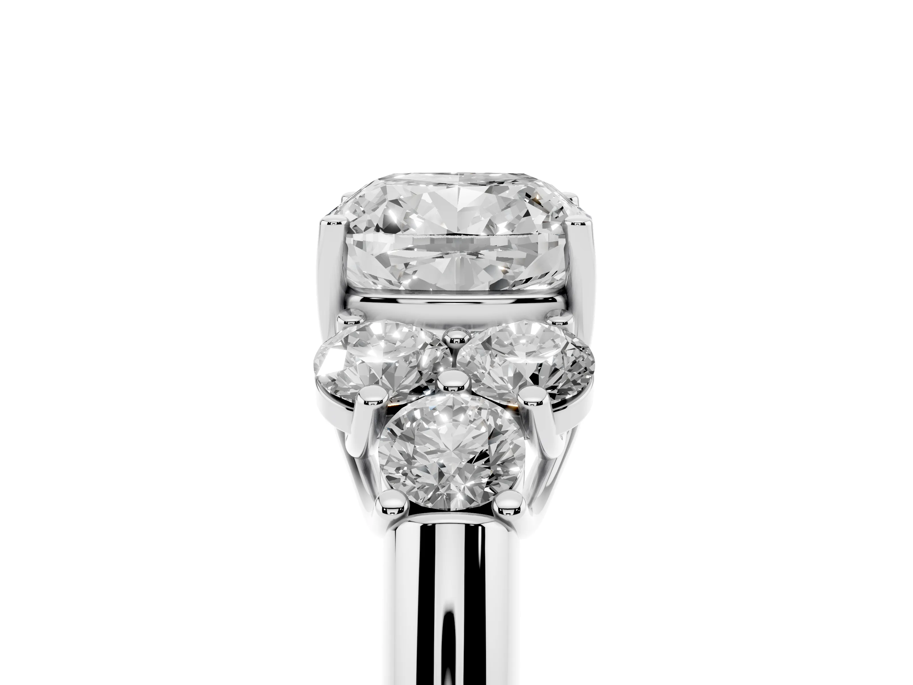 Cushion Cut Diamond Cluster Ring Set in White gold with Round Accent Stones and Prong Setting on a Plain Band
