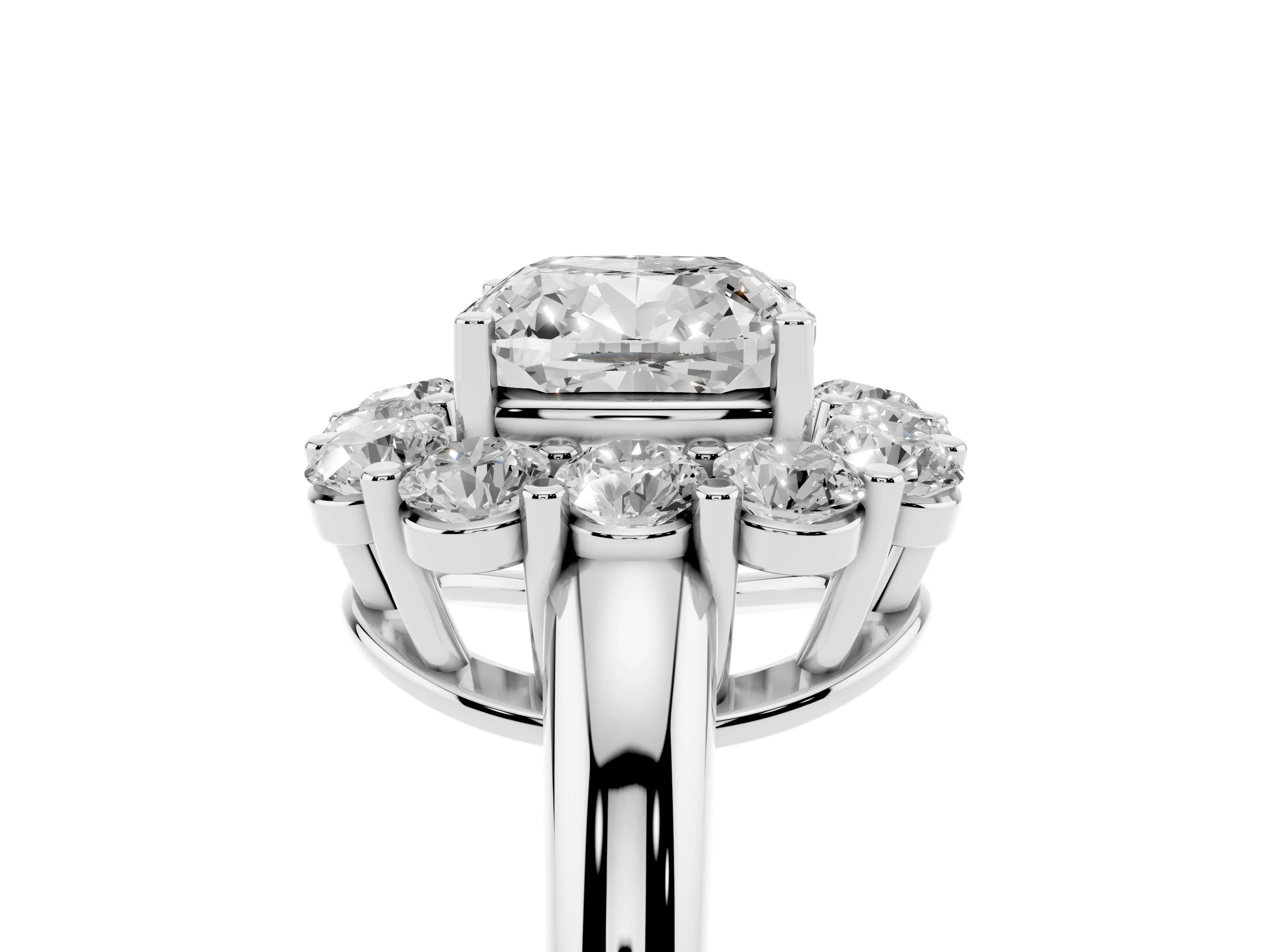 Cushion Cut Diamond Halo Cluster Engagement Ring Set in White gold with Polished Band and Prong Setting