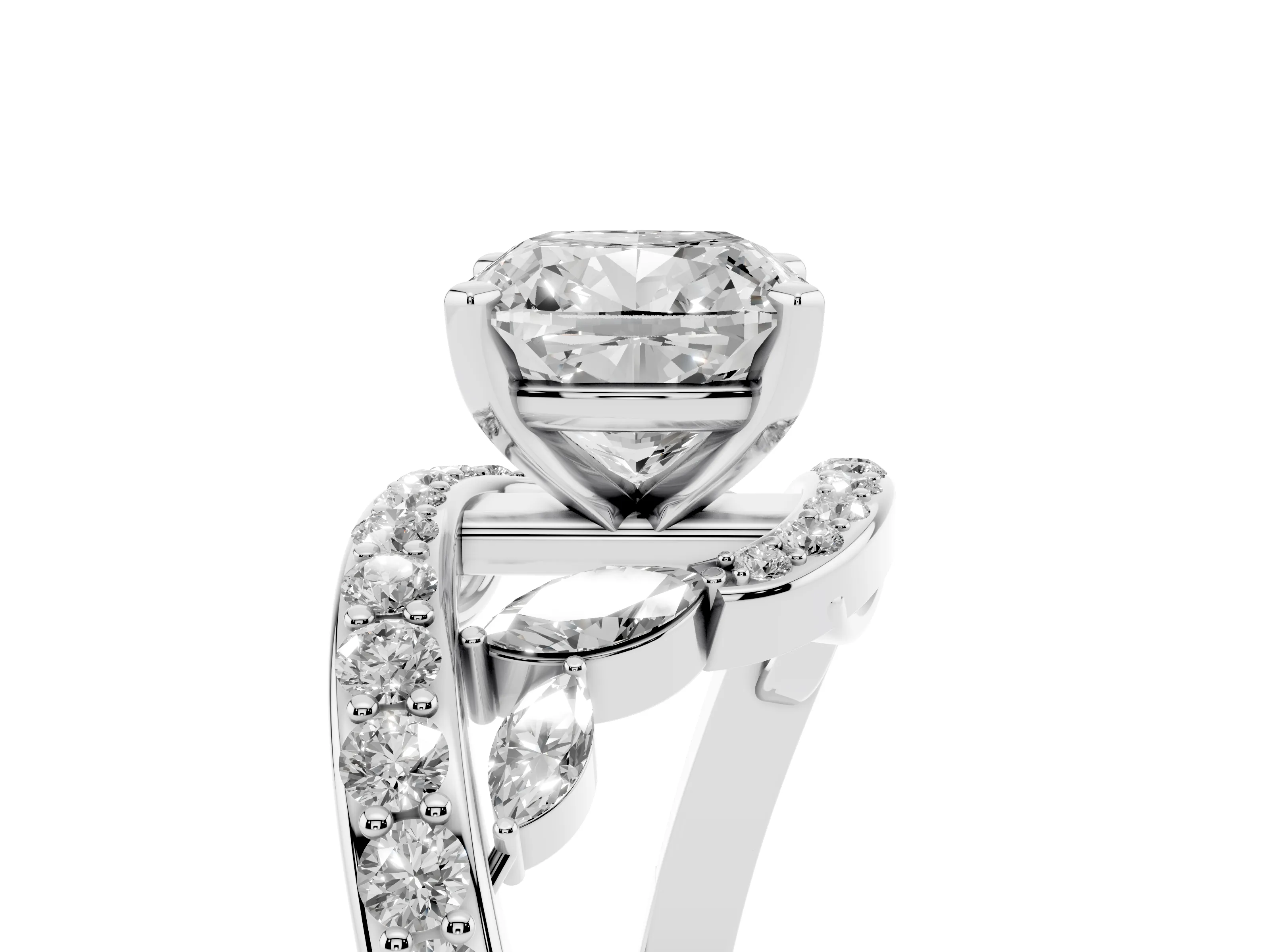 Cushion Cut Diamond Solitaire Ring Set in Silver with Filigree Band and Prong Setting