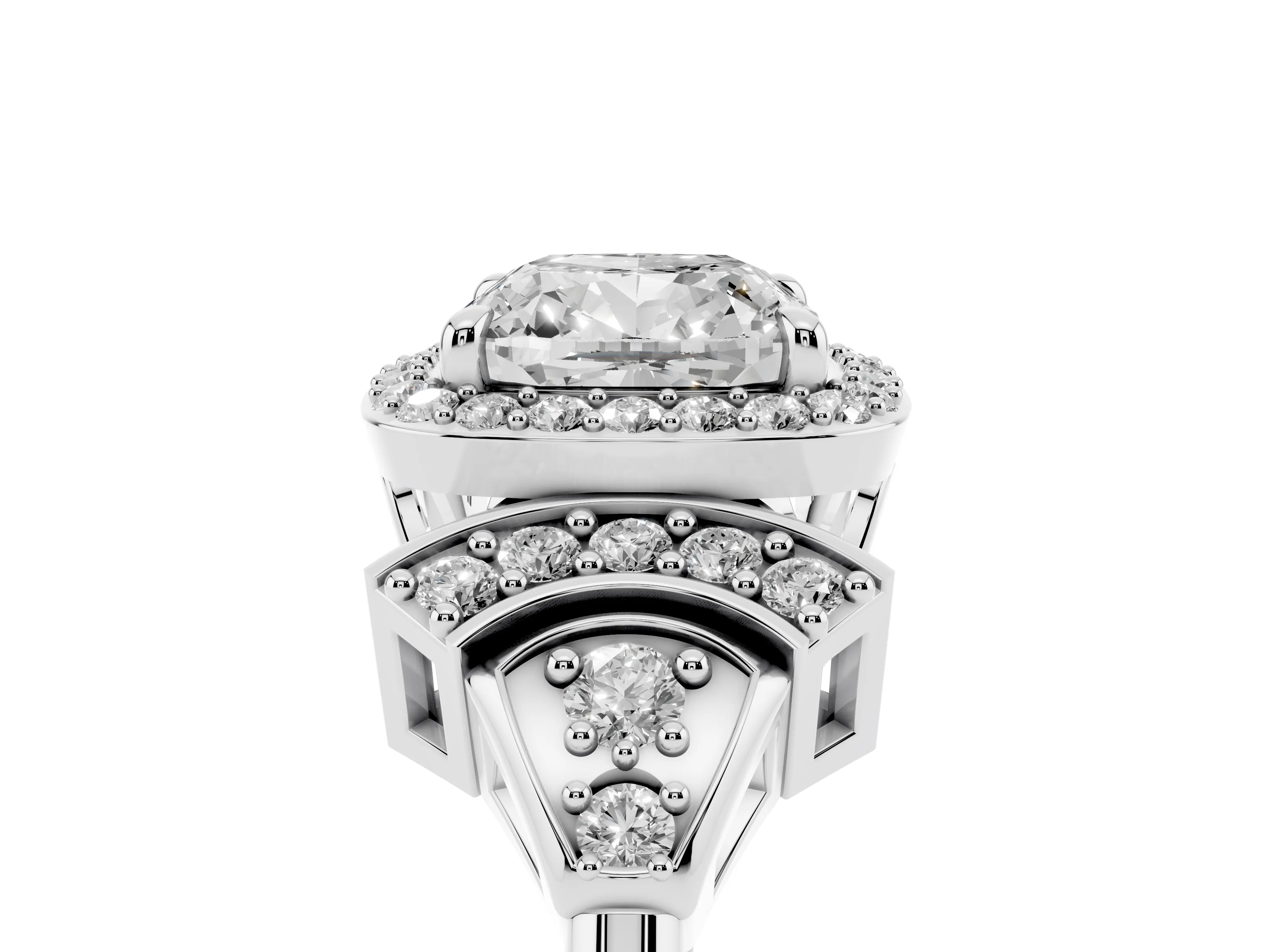 Cushion Cut Diamond Halo Engagement Ring Set in White gold with Accent Stone Split Shank