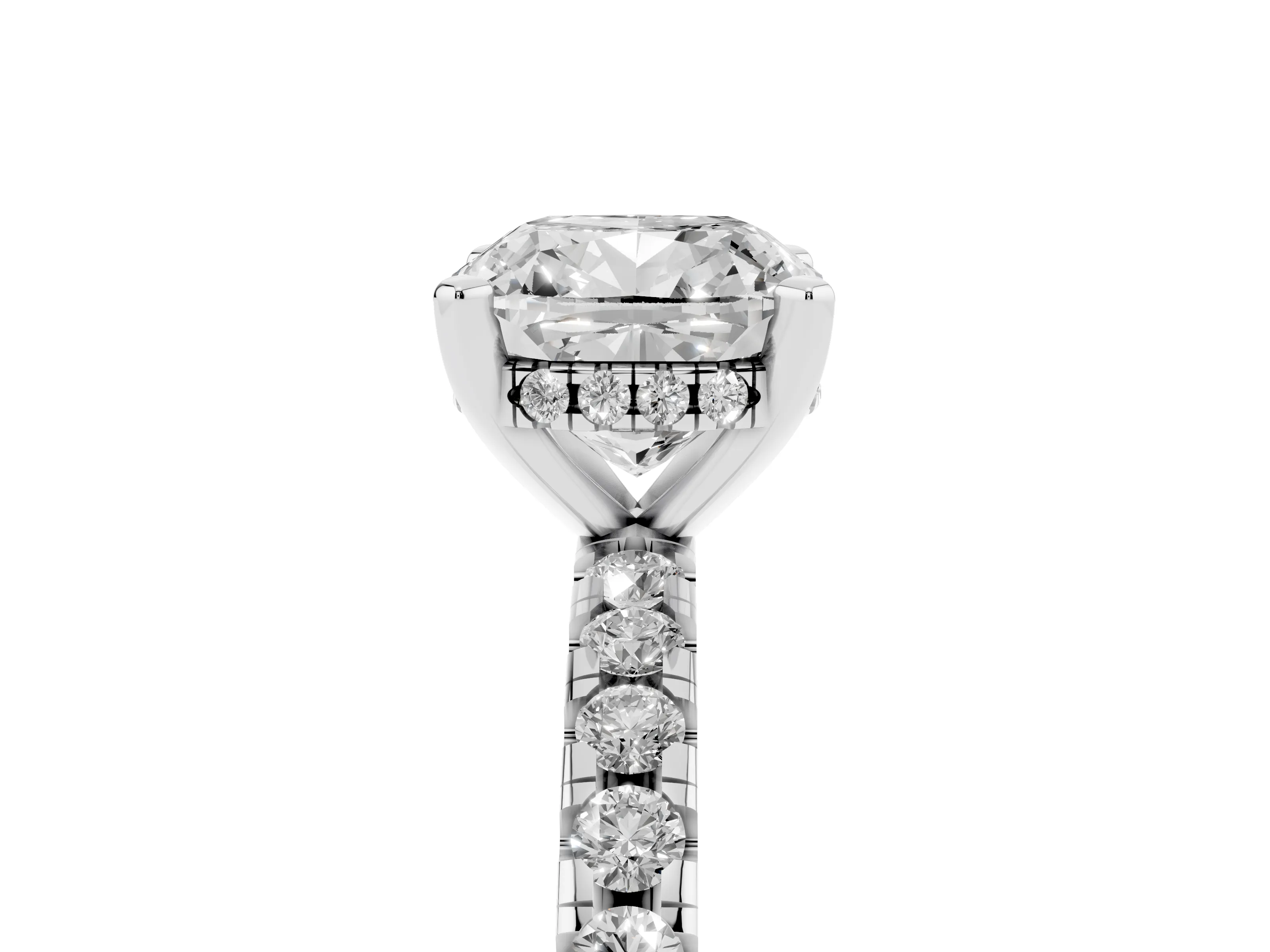 Cushion Cut Diamond Pavé Solitaire Ring Set in Platinum with Round Band Accents and Prong Setting