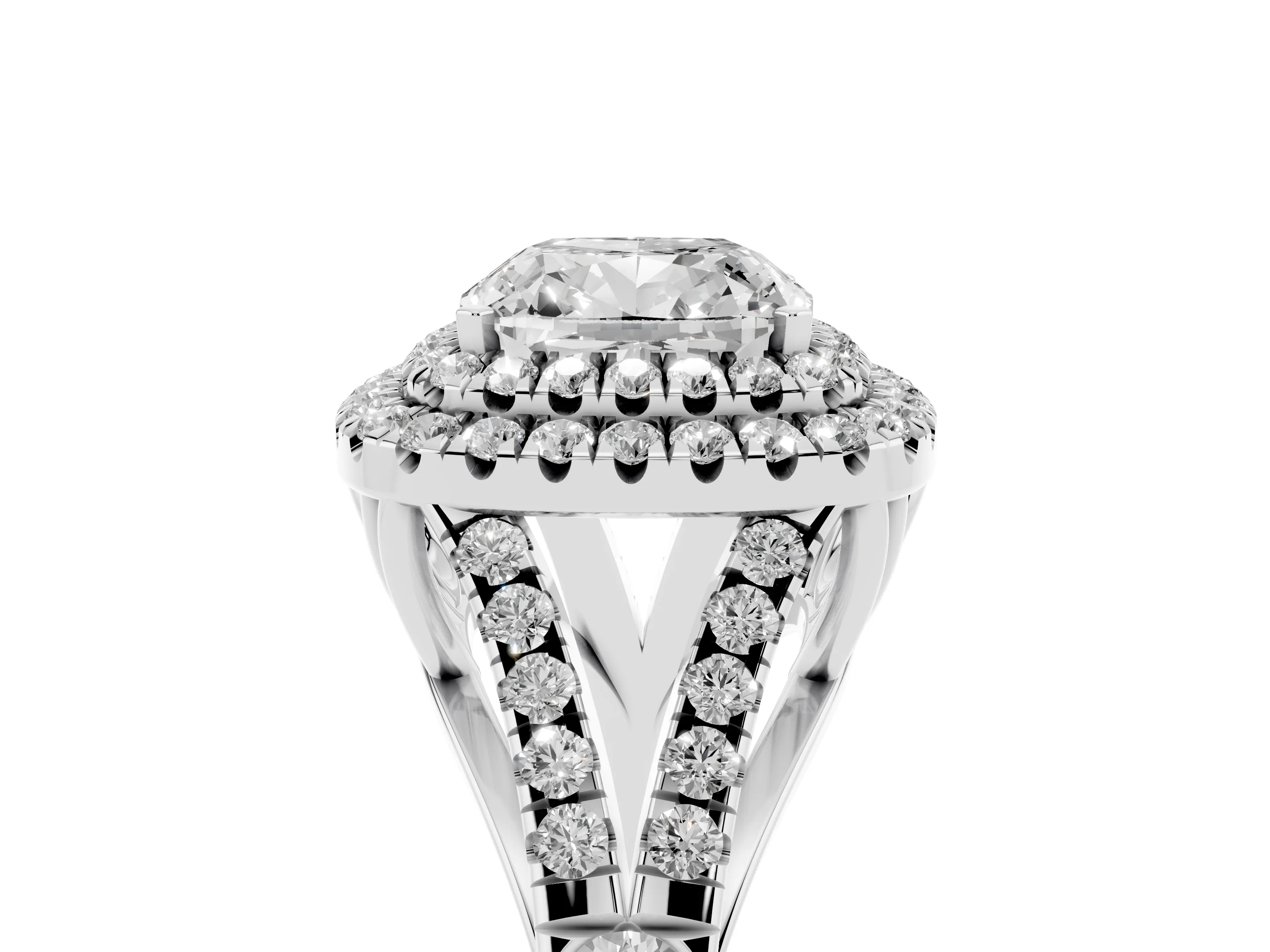 Cushion Cut Diamond Pavé Split Shank Double Halo Engagement Ring Set in Silver