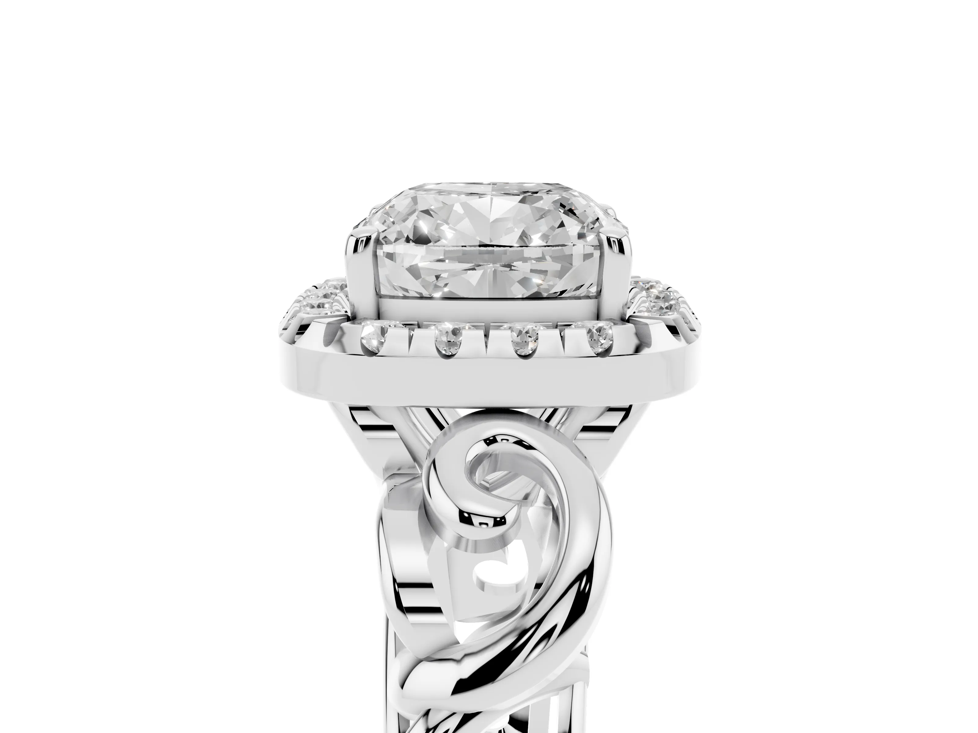 Cushion Cut Diamond Halo Ring Set in Platinum with Scrollwork Band and Prong Setting
