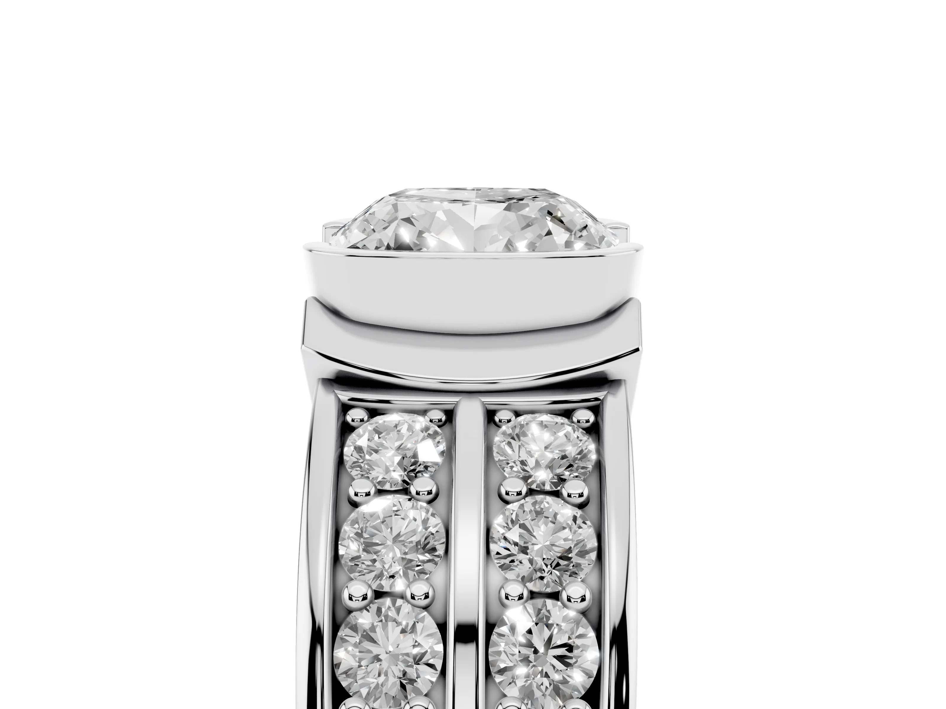 Cushion Cut Diamond Wide Channel Set Band Ring Set in Platinum with Bezel Setting