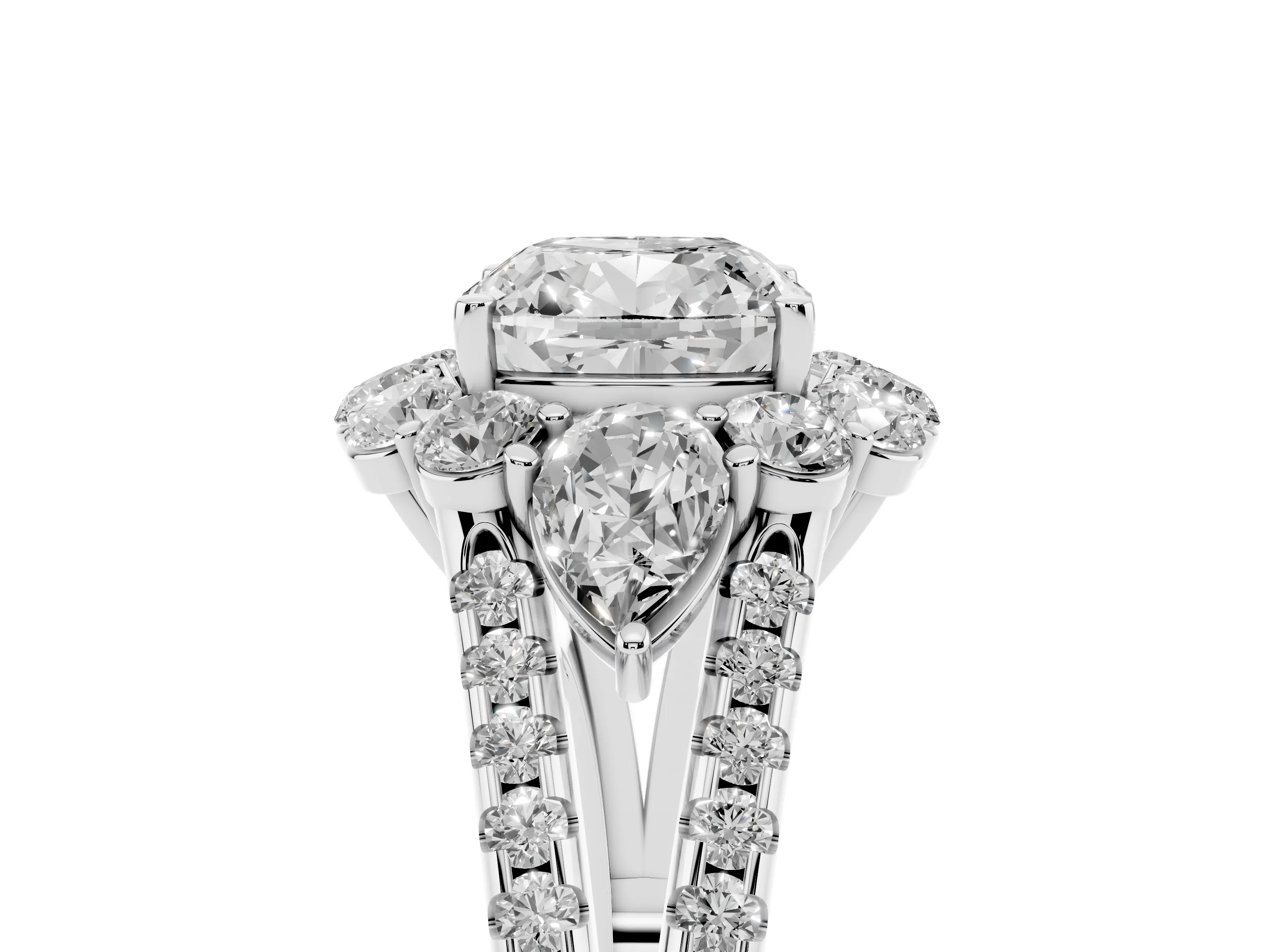 Cushion Cut Diamond Halo Split Shank Engagement Ring Set in Platinum with Prong-Held Center Stone