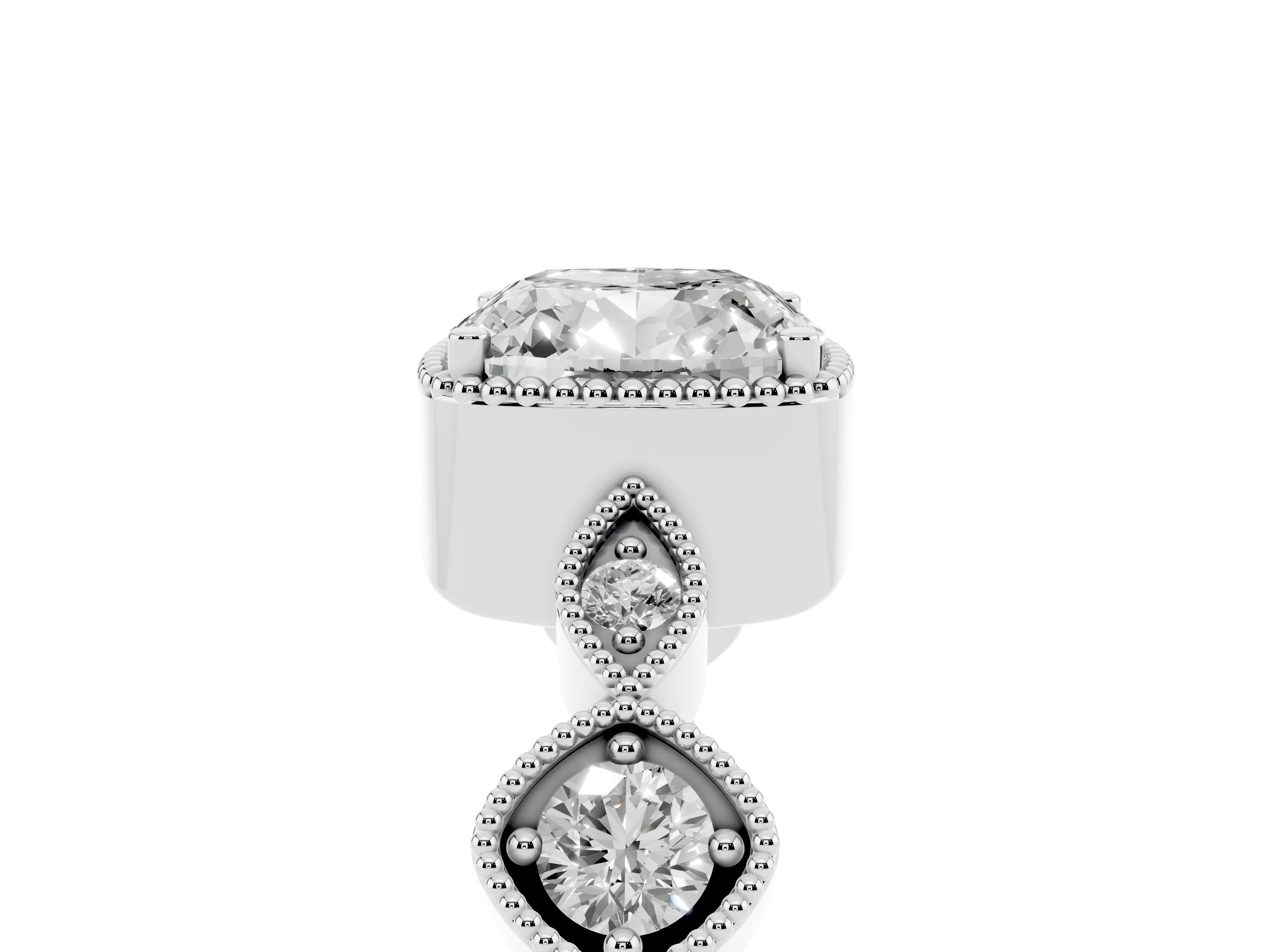 Cushion Cut Diamond Vintage-Inspired Milgrain Ring Set in Platinum with Marquise Stations of Round Accents