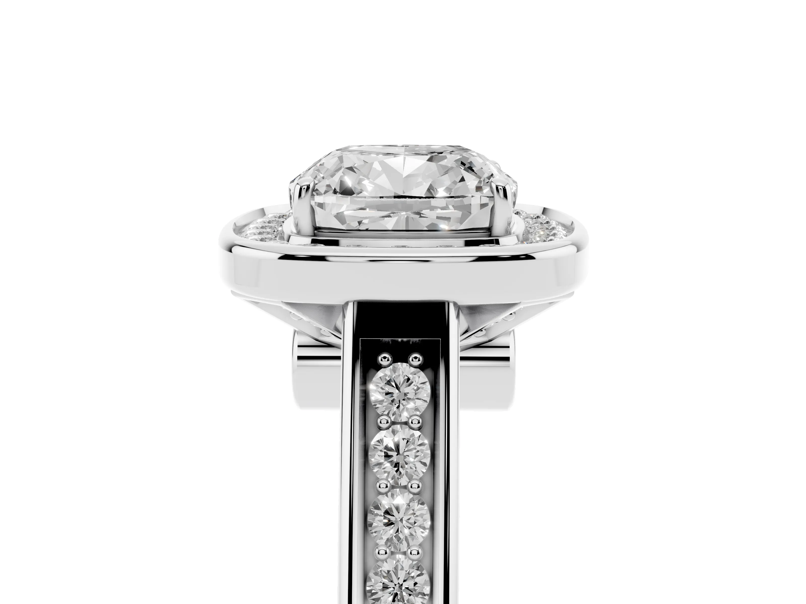 Cushion Cut Diamond Halo Solitaire Ring Set in White gold with Pavé Band and Bezel Setting