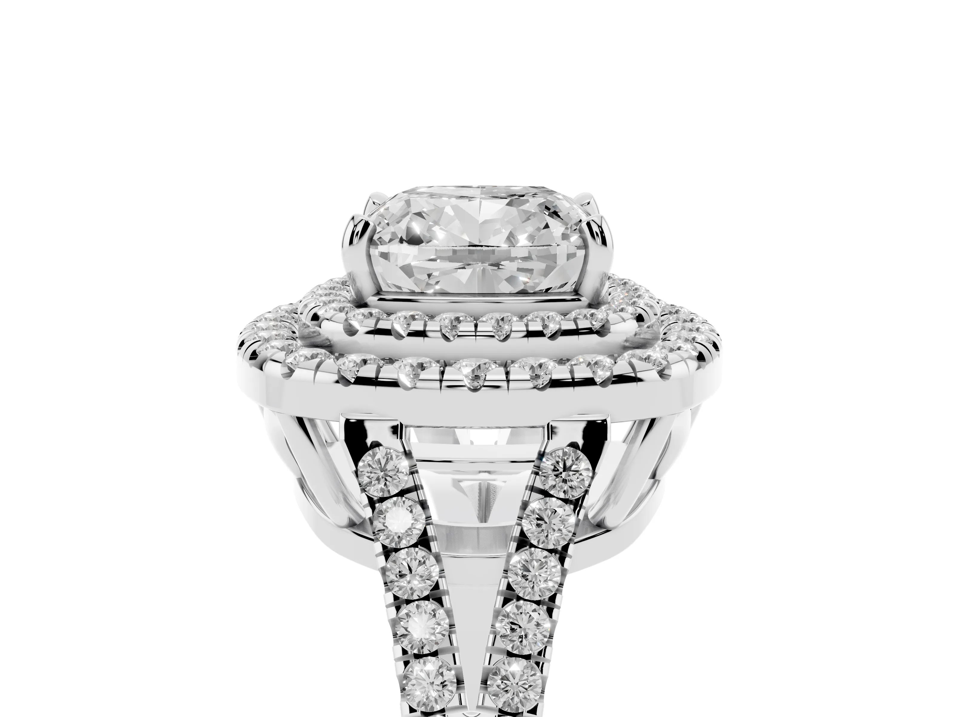 Cushion Cut Diamond Double Halo Ring Set in Platinum with Pavé Band