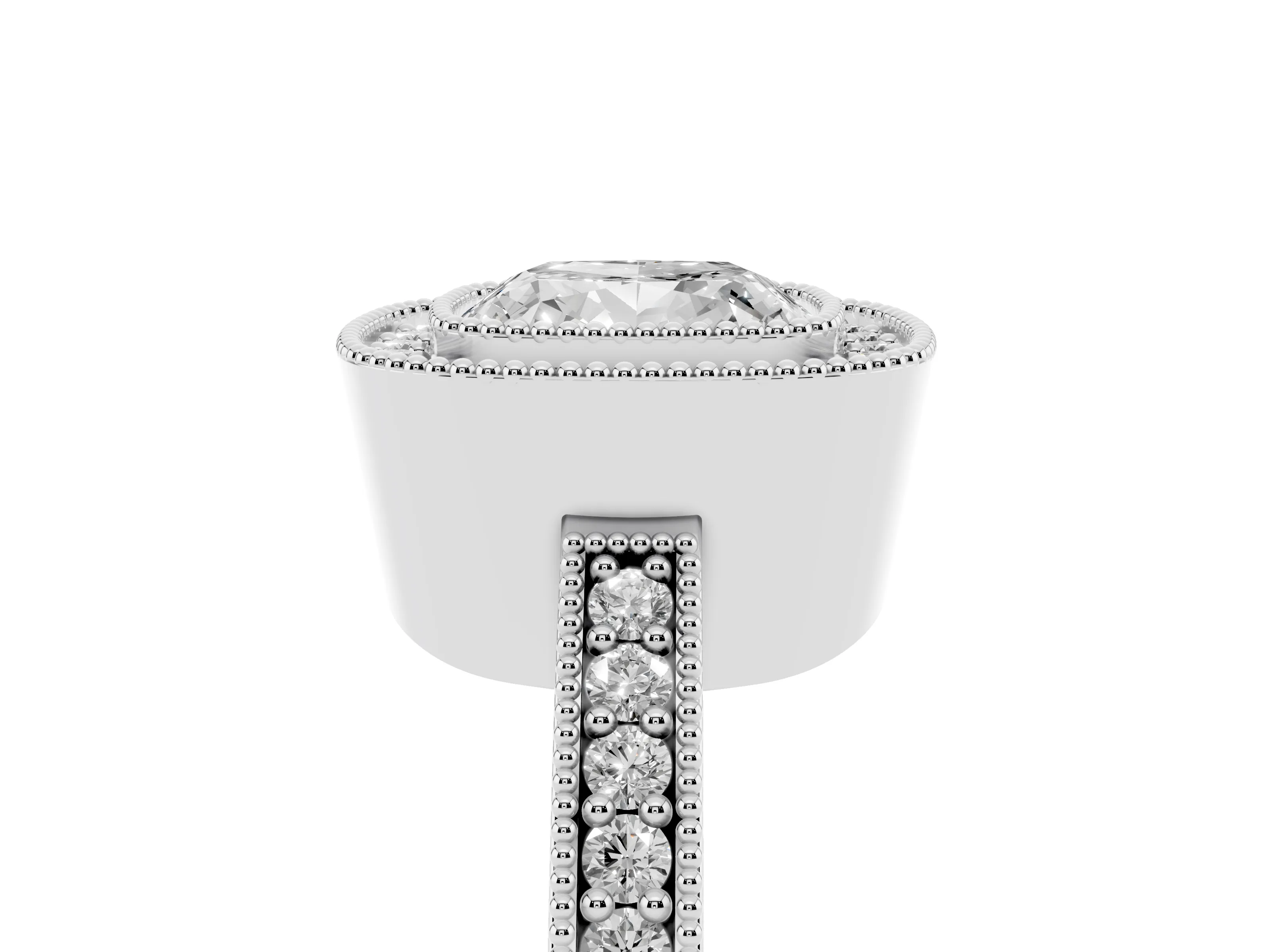 Cushion Cut Diamond Halo Engagement Ring Set in Platinum with Pavé Band and Round Halo Stones
