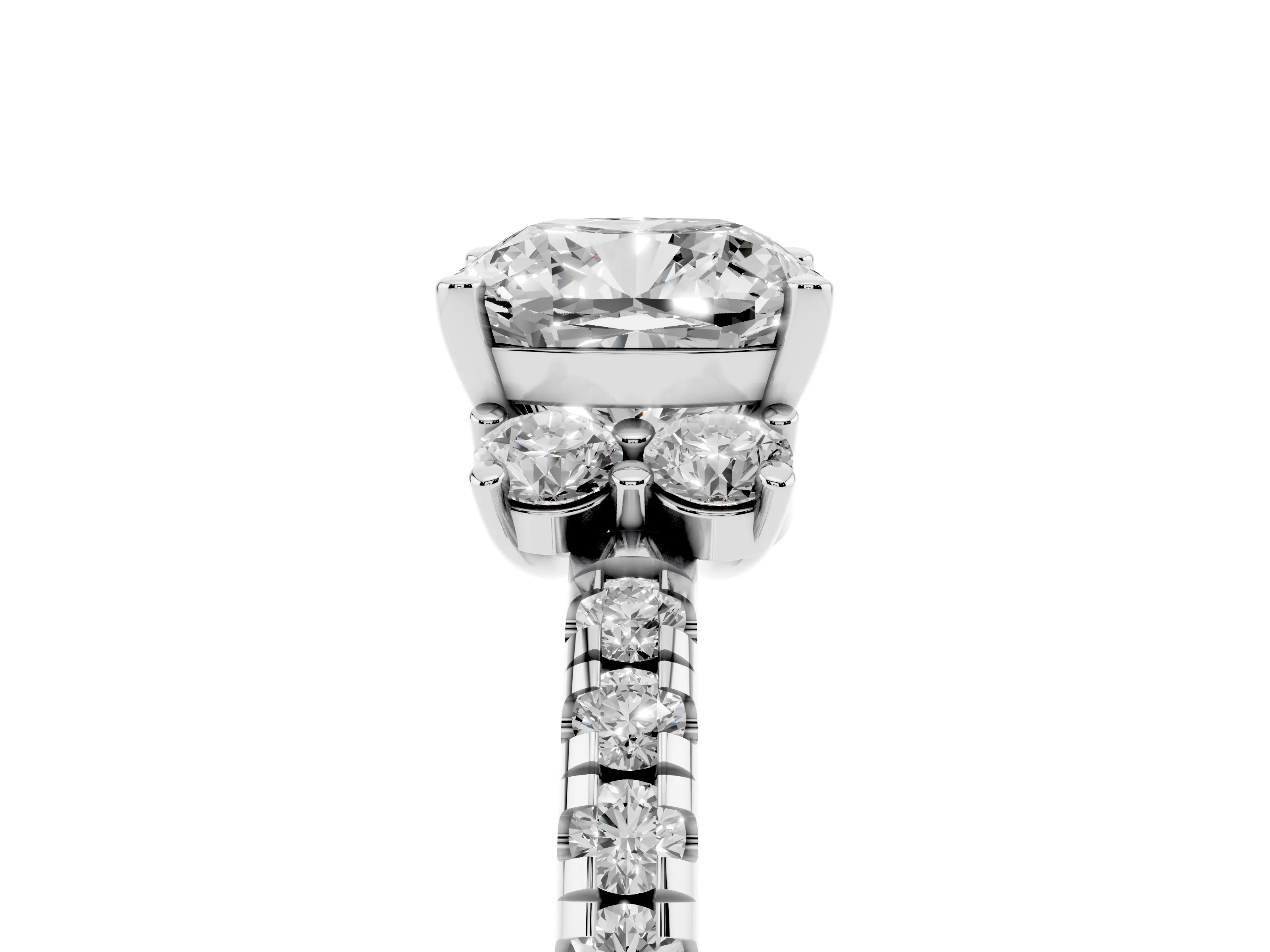 Cushion Cut Diamond Three-Stone Pavé Ring Set in Silver with Prong Setting