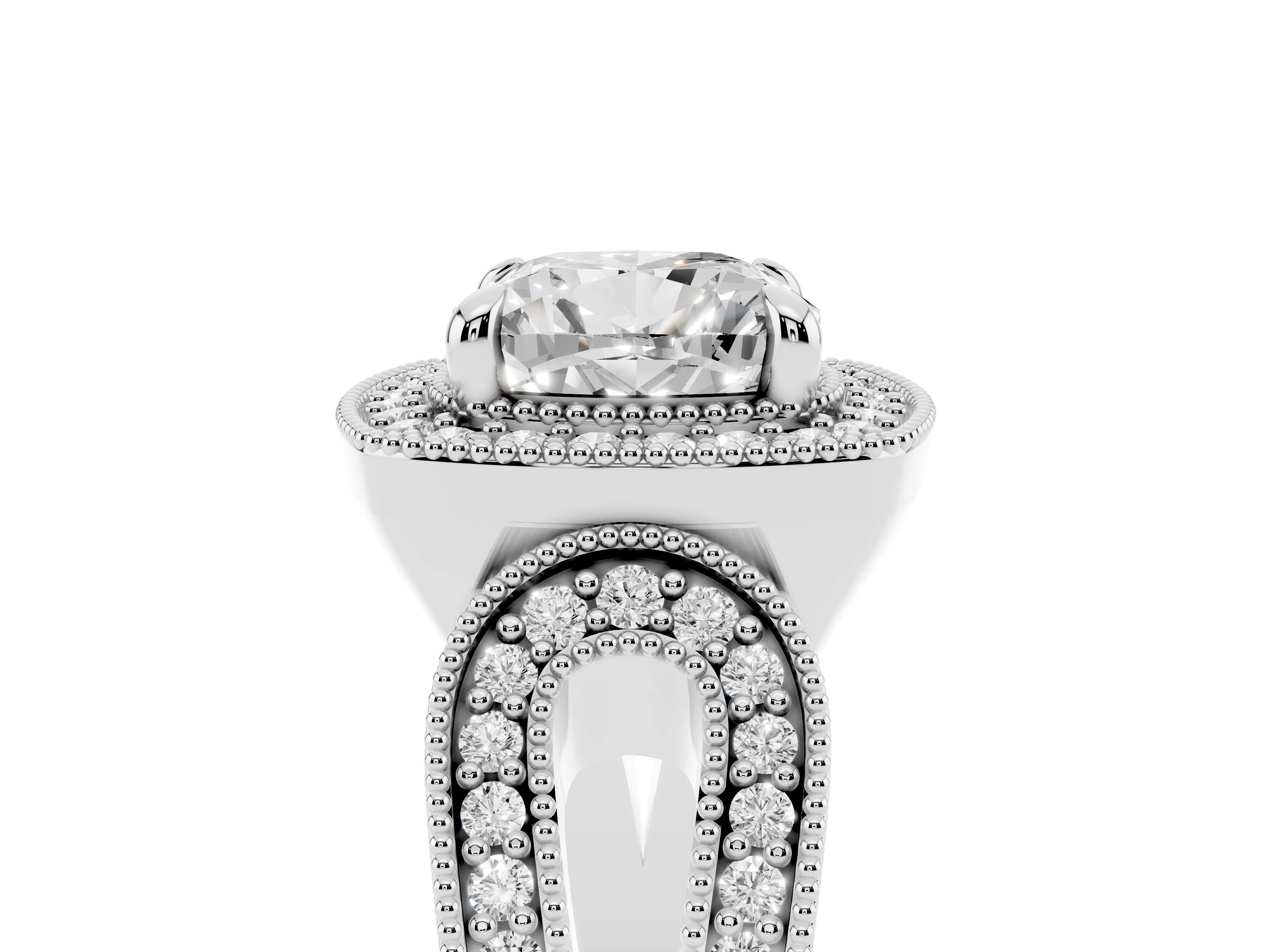 Cushion Cut Diamond Halo Ring Set in Silver with Milgrain Accent Split Shank