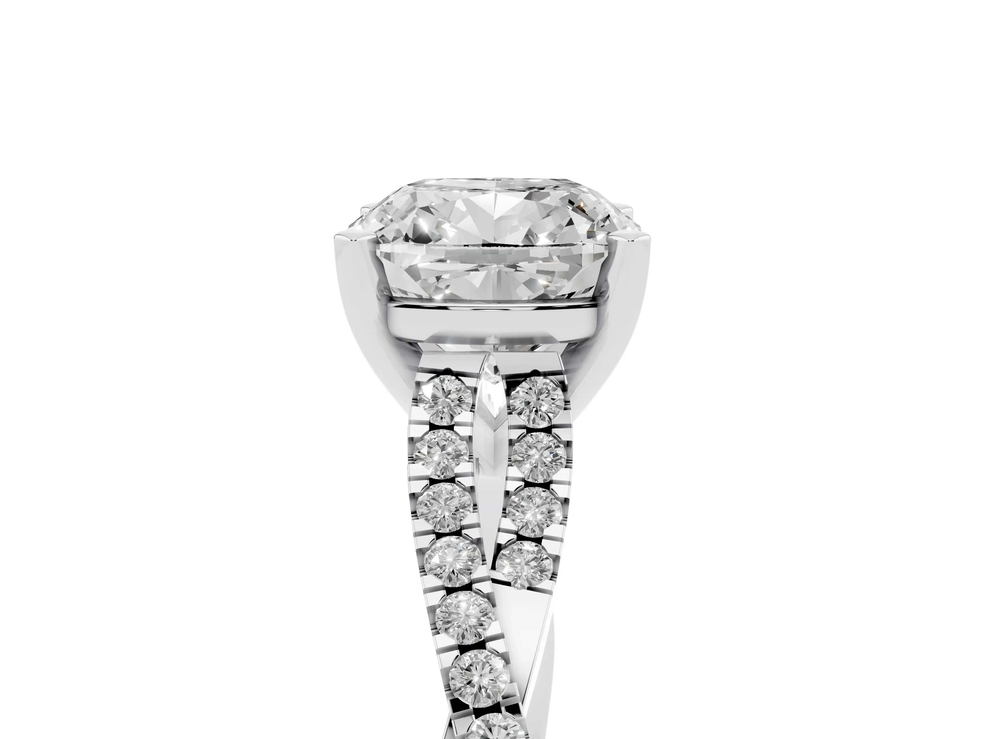 Cushion Cut Diamond Solitaire Engagement Ring Set in Platinum with Twisted Pavé Band and Prong Setting