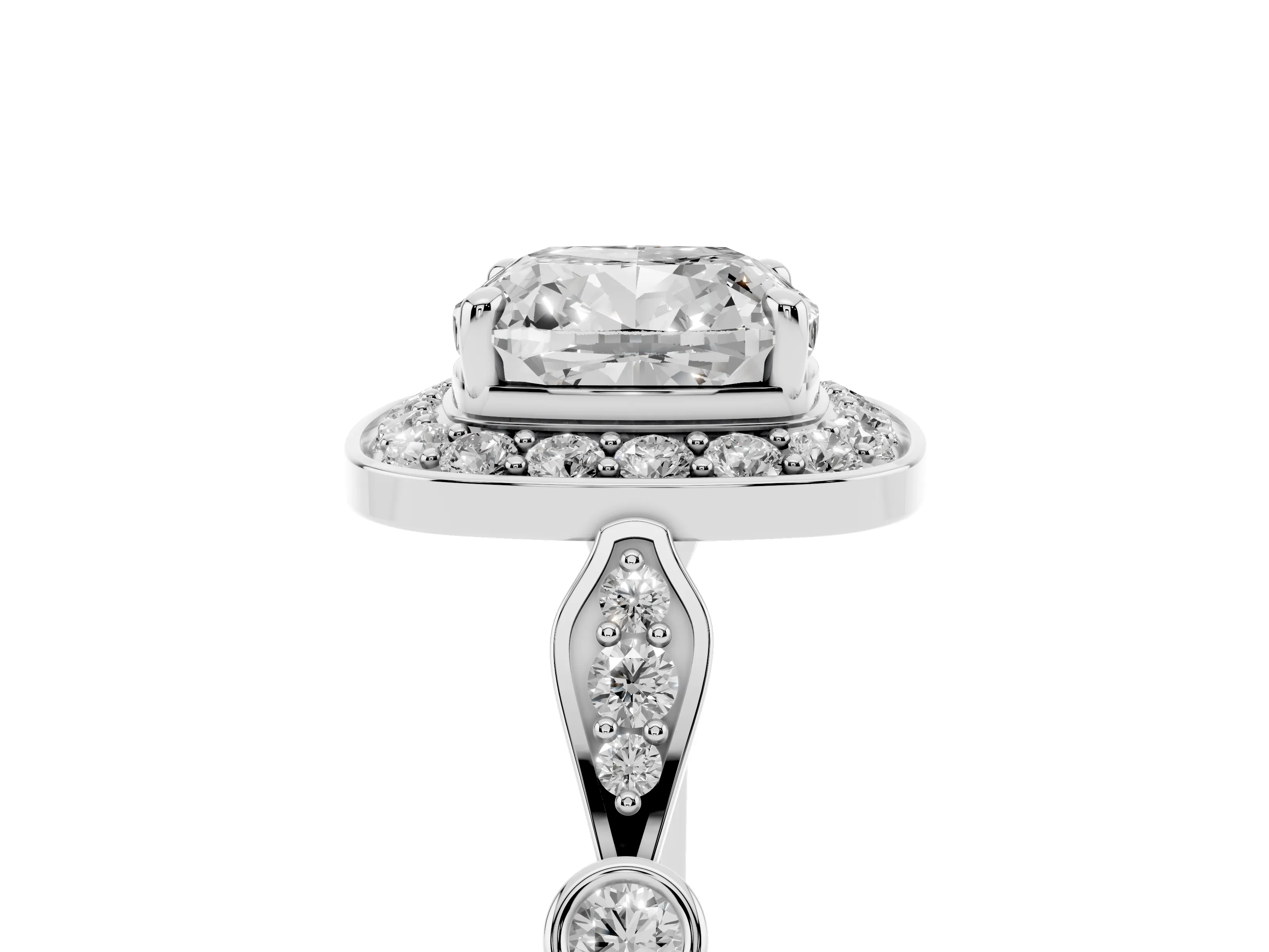 Cushion Cut Diamond Halo Engagement Ring Set in White gold with Twisted Band and Prong Setting