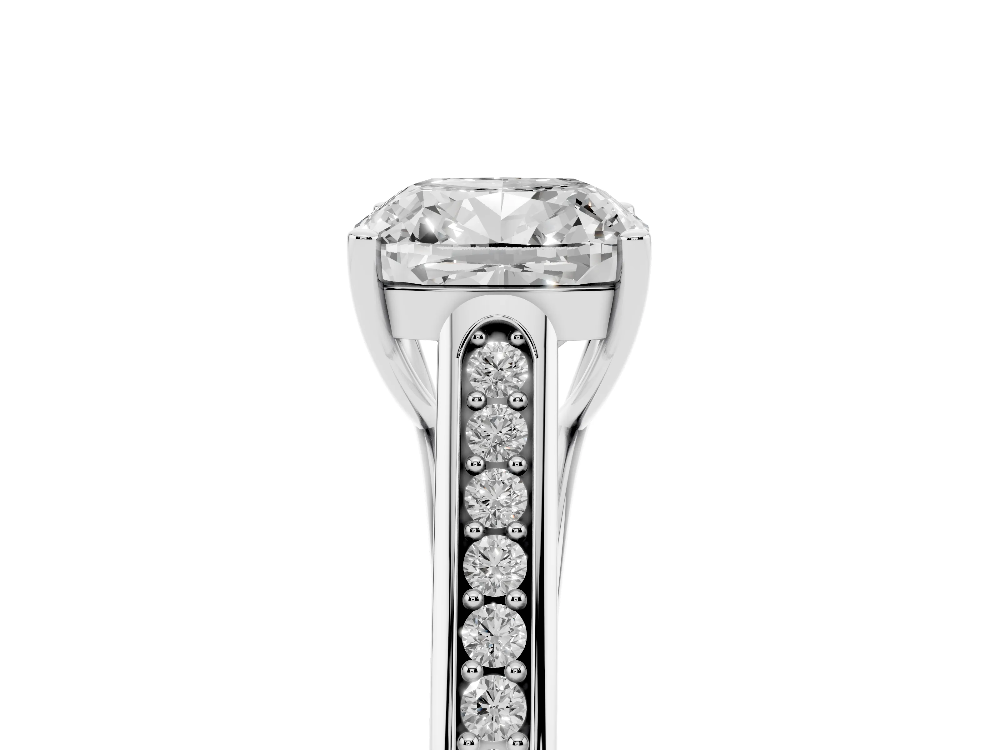 Cushion Cut Diamond Solitaire Cathedral Engagement Ring Set in White gold with Channel-Set Band and Prong Setting