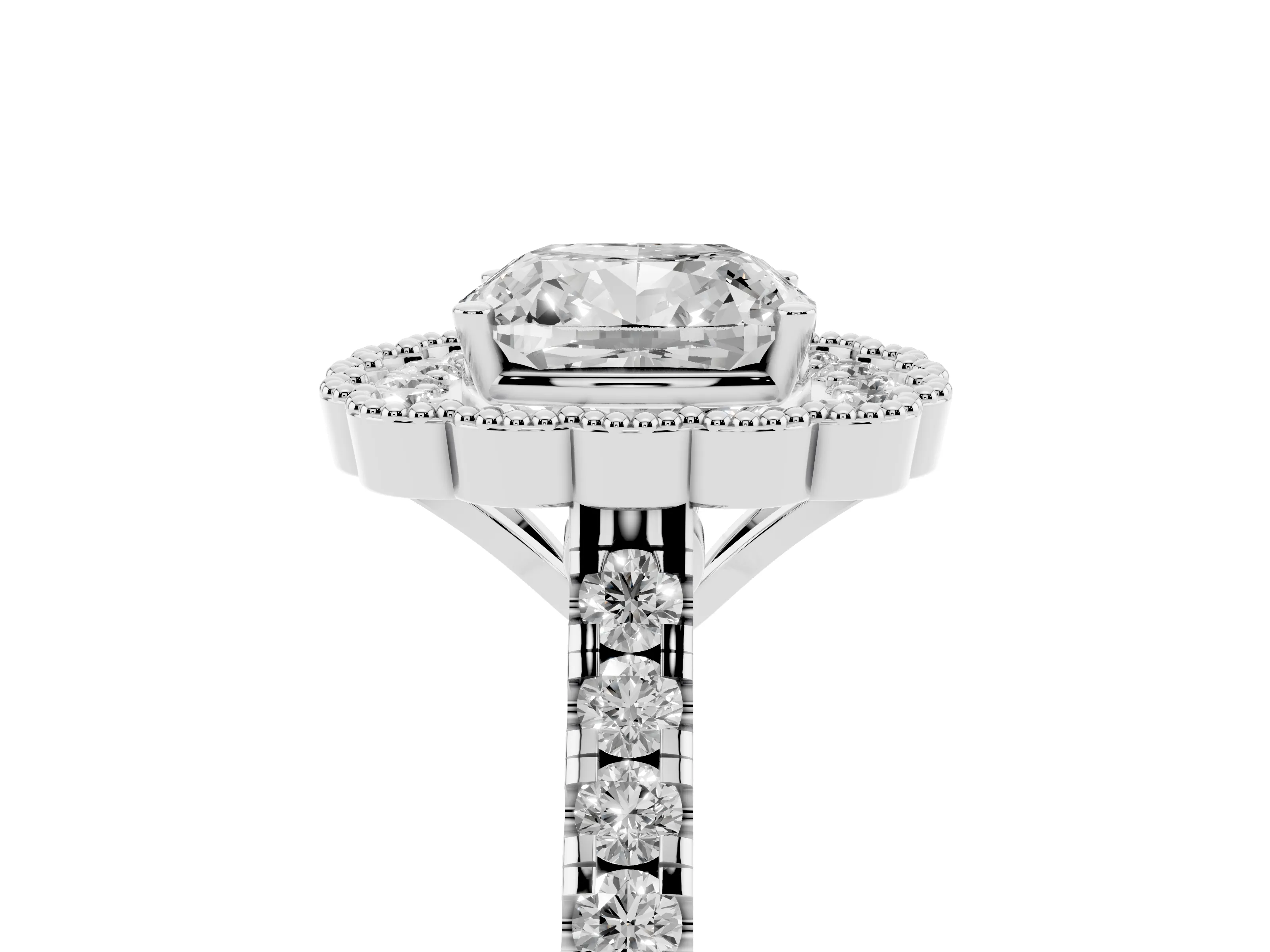 Cushion Cut Diamond Milgrain Floral Halo Engagement Ring Set in Platinum with Pavé Band