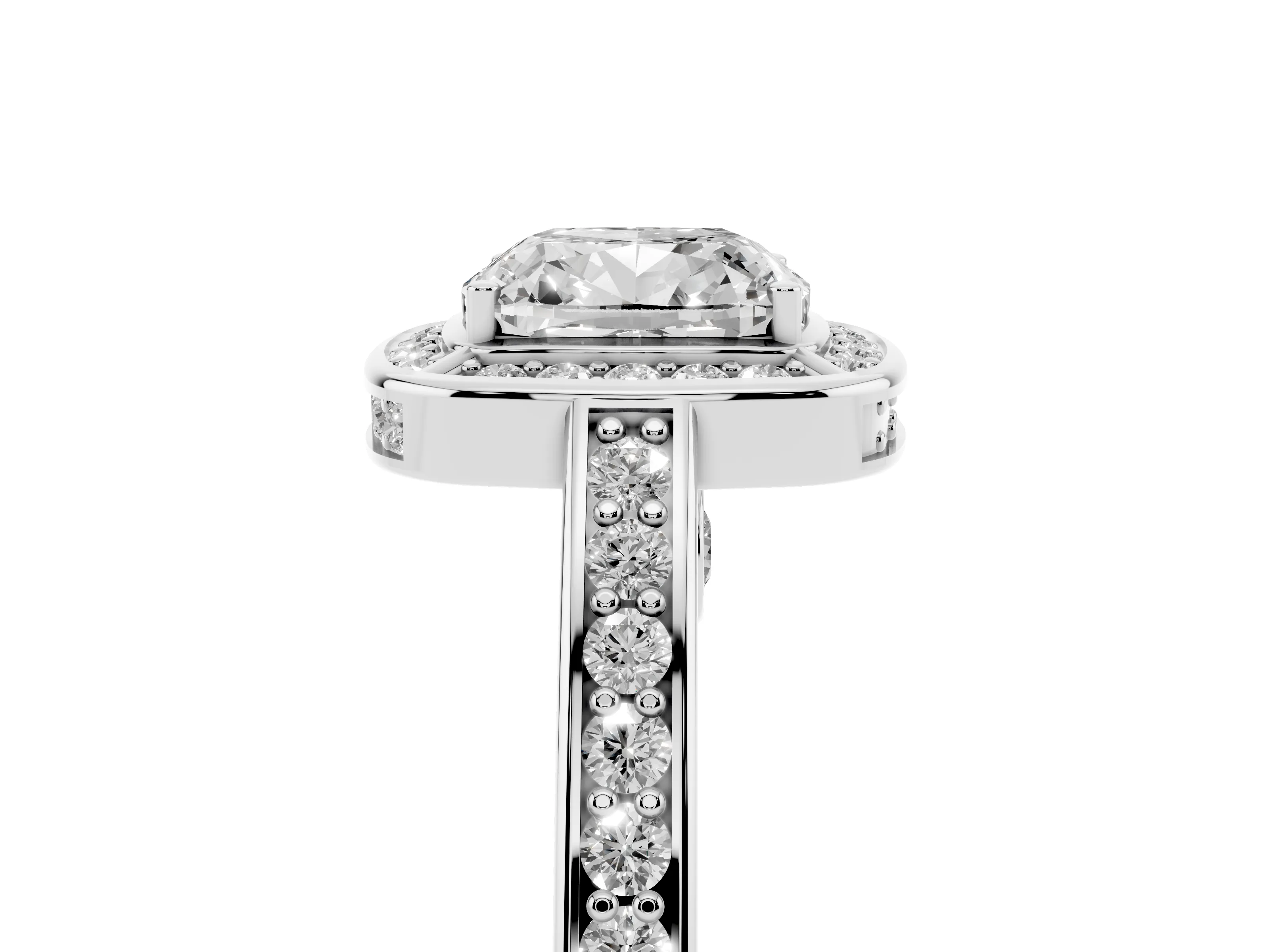 Cushion Cut Diamond Halo Pavé Split Shank Ring Set in Silver with Prong Setting