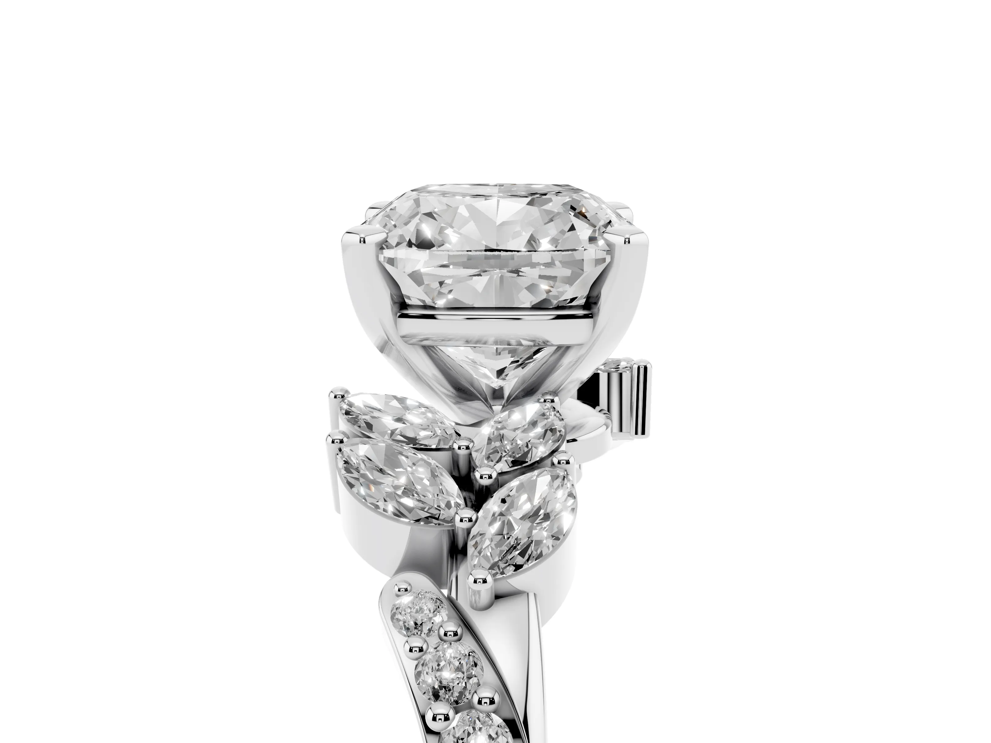 Cushion Cut Diamond Solitaire Ring Set in White gold with Marquise Twist Band and Prong Setting