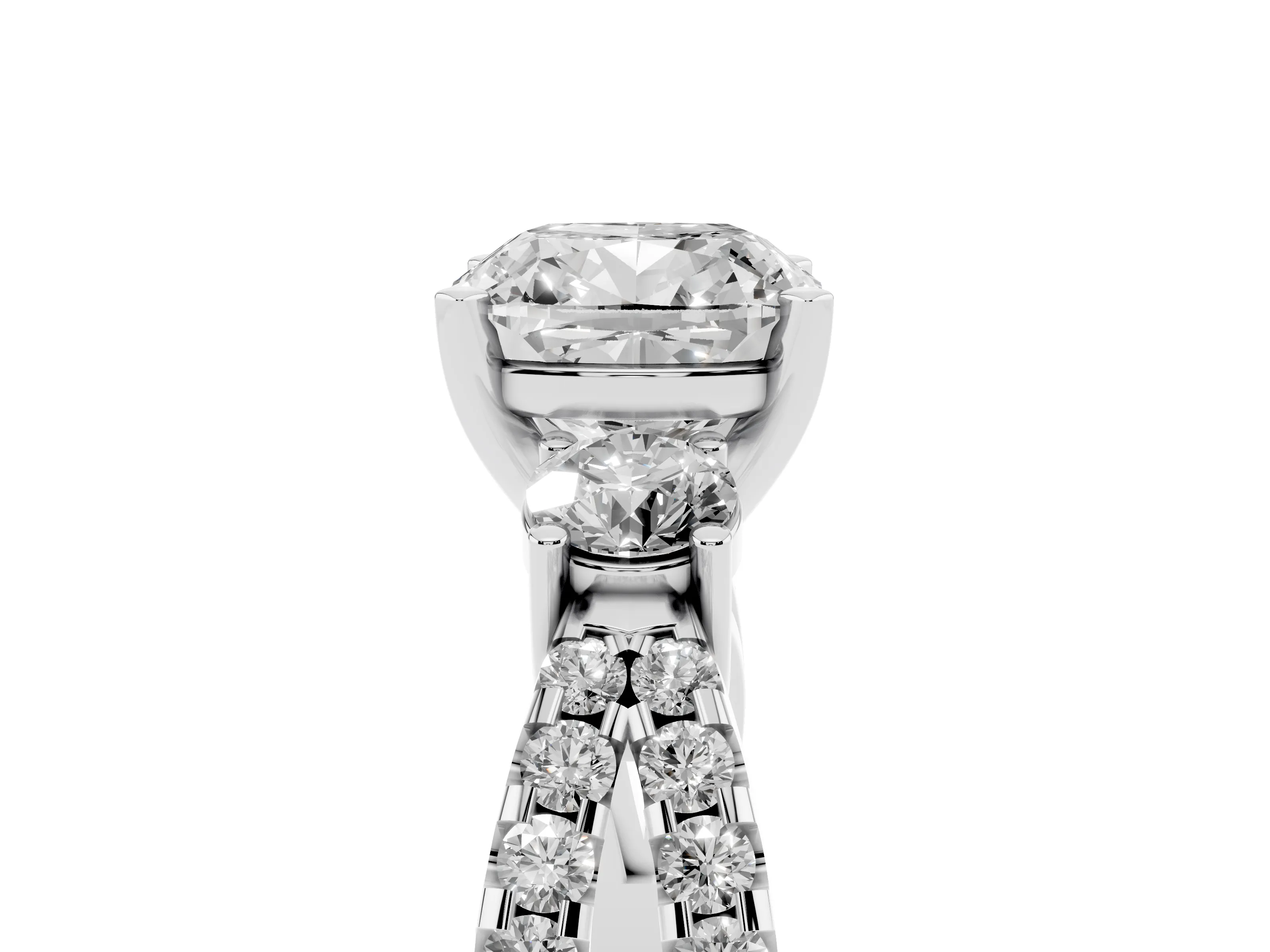 Cushion Cut Diamond Three-Stone Ring Set in Silver with Pavé Split Shank and Prong Setting
