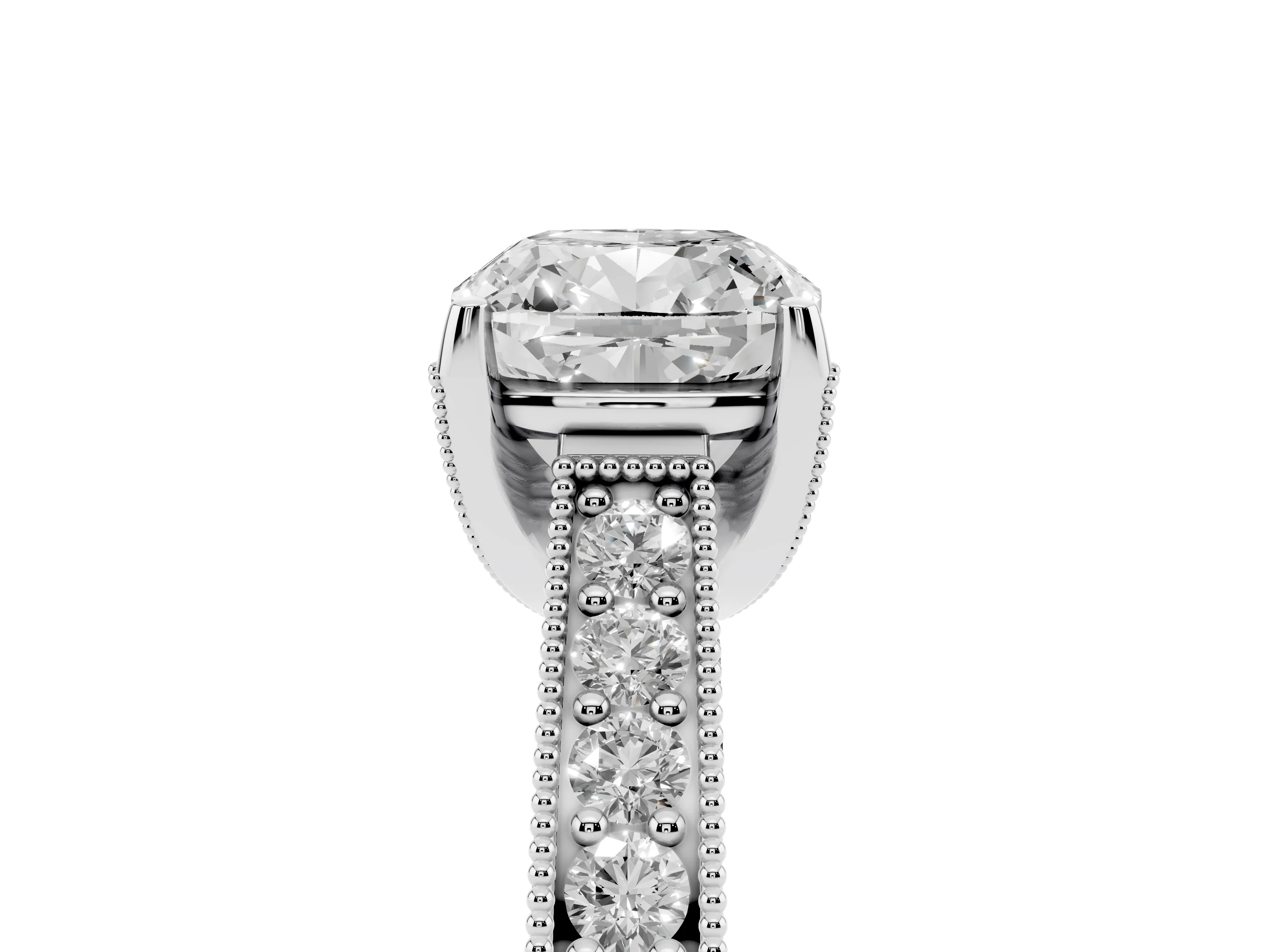 Cushion Cut Diamond Solitaire Ring Set in Silver with Milgrain-Edged Pavé Band and Prong Setting