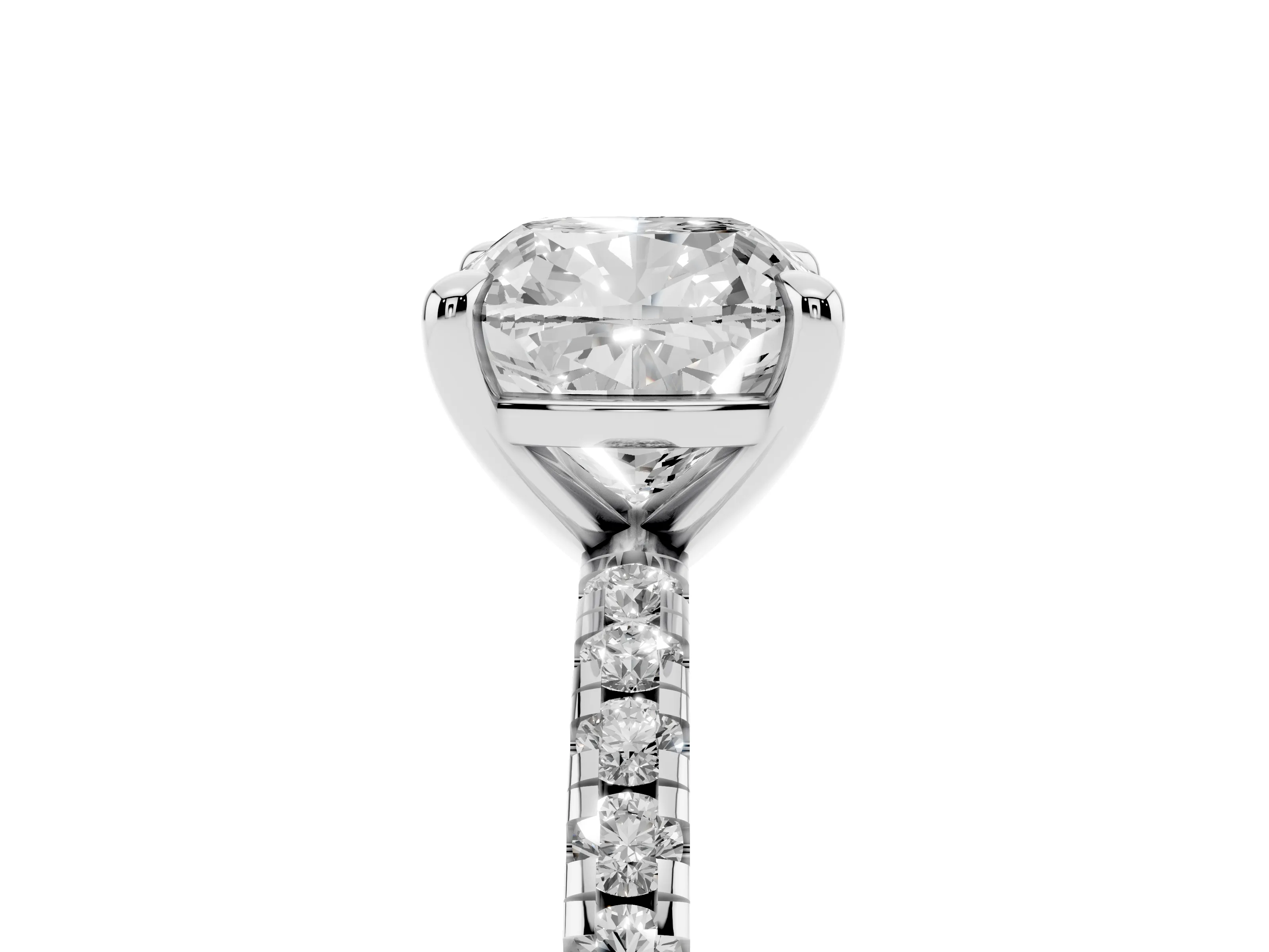 Cushion Cut Diamond Brilliant Solitaire Ring Set in Silver with Pavé Band and Prong Setting