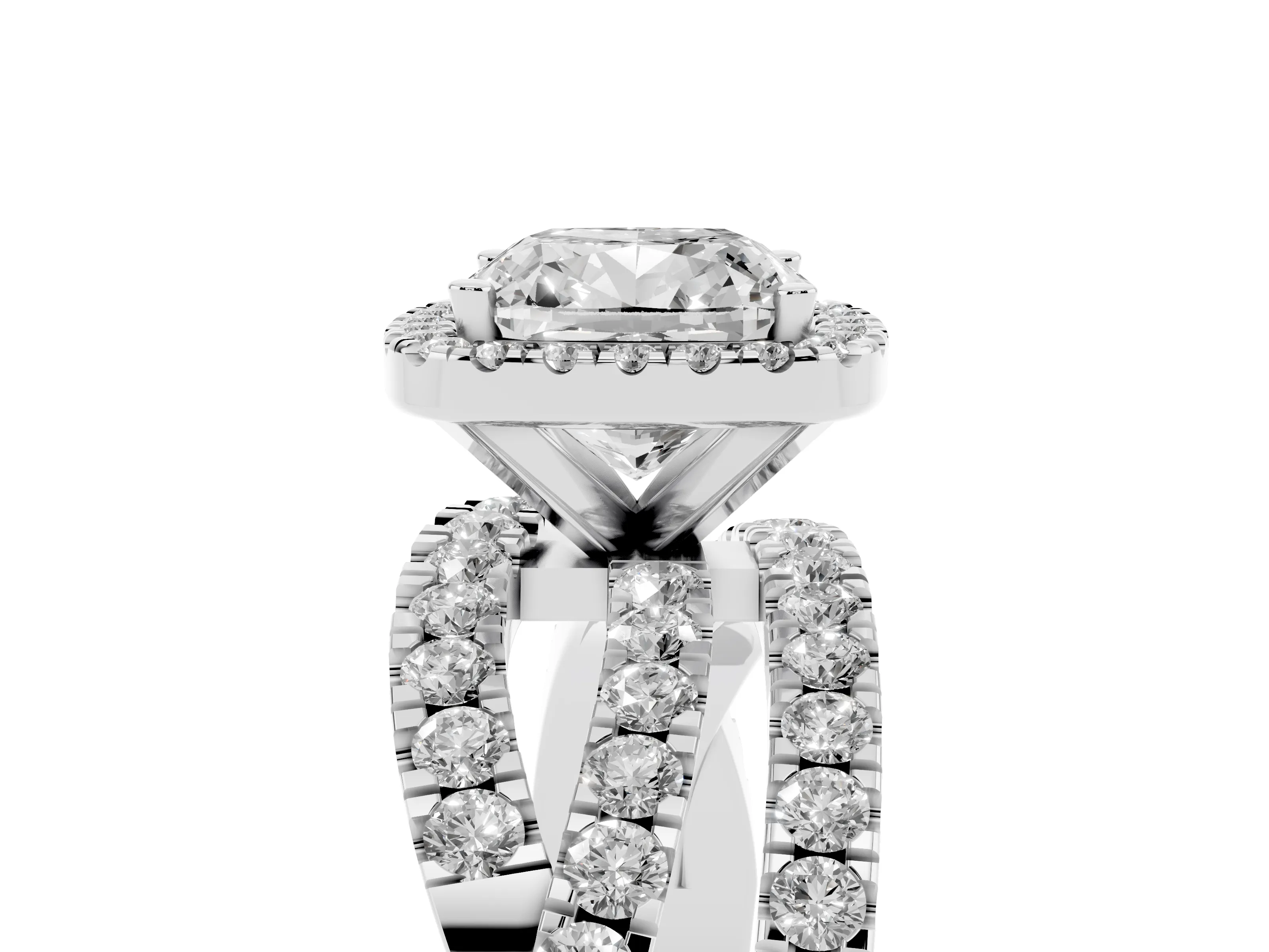 Cushion Cut Diamond Halo Ring Set in Platinum with Round Crossover Split Shank and Prong Setting