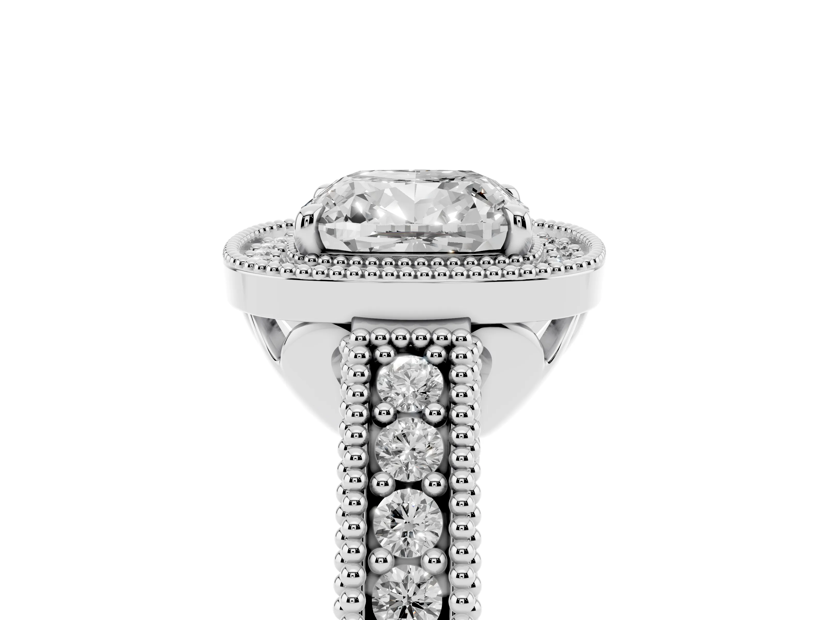 Cushion Cut Diamond Halo Ring Set in White gold with Round Accent Halo, Pavé Band and Prong Setting