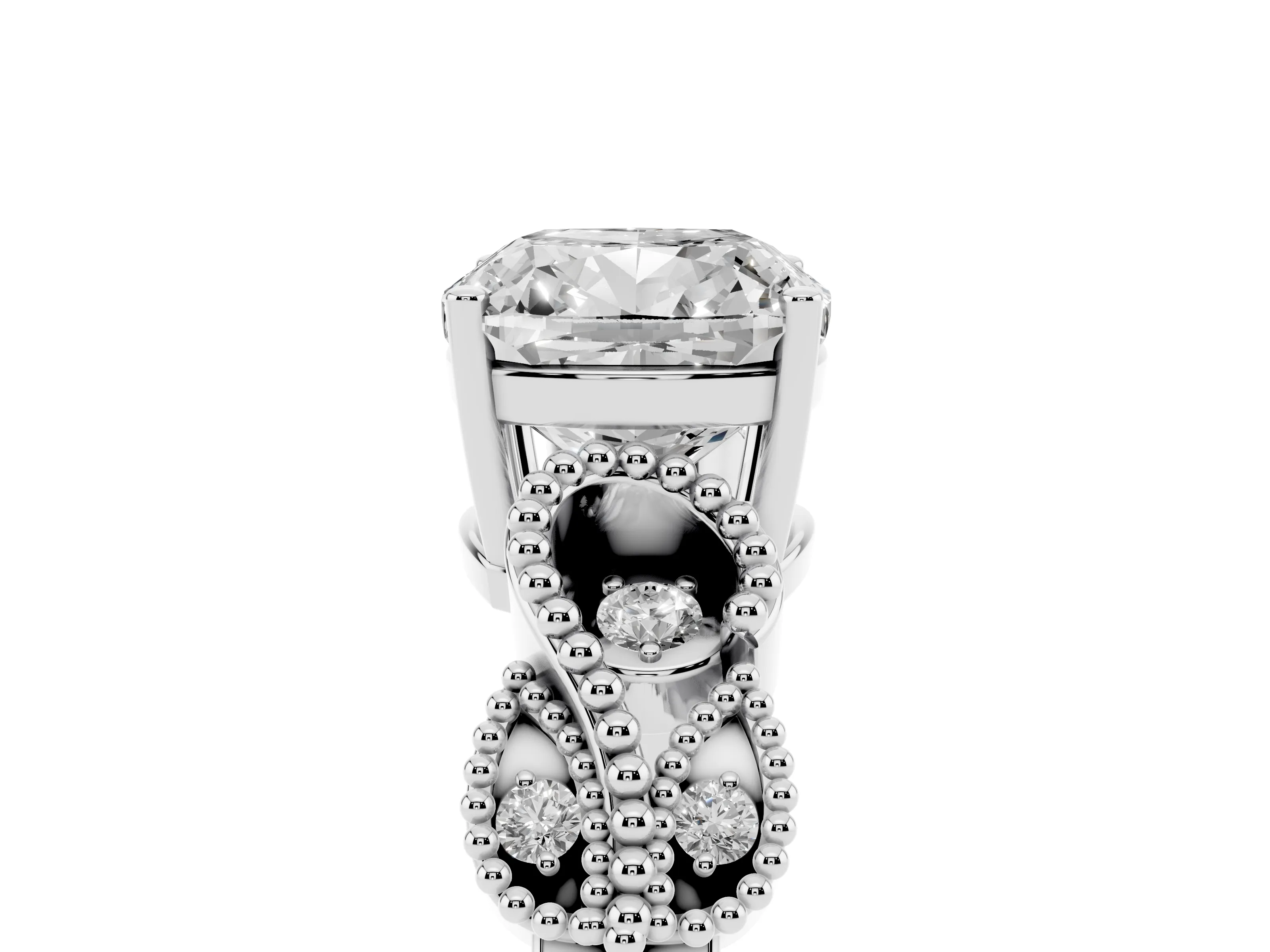 Cushion Cut Diamond Milgrain Leaf Band Solitaire Ring Set in Silver with Accent Stones and Prong Setting