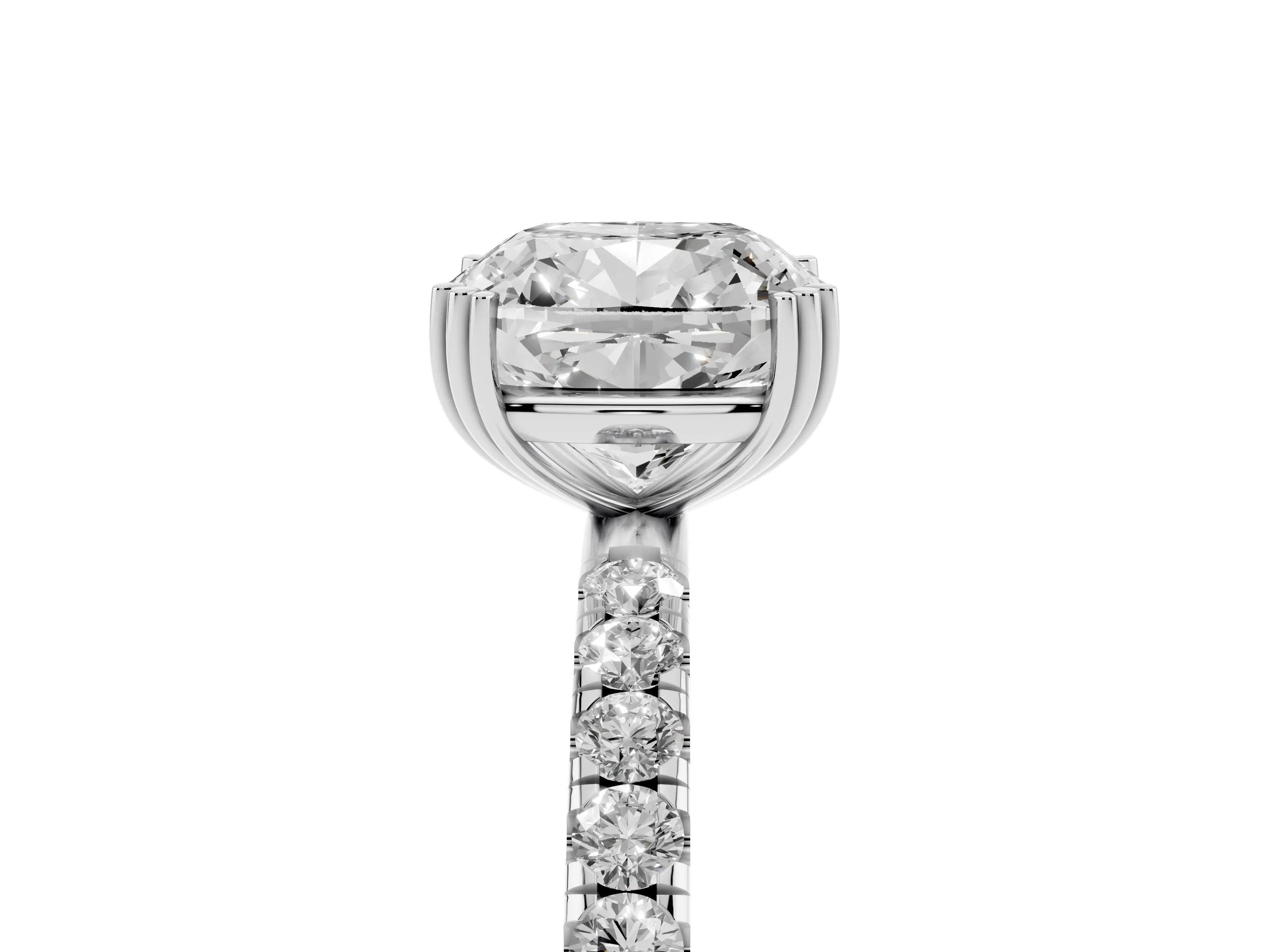 Cushion Cut Diamond Brilliant Solitaire Set in Silver with Pavé Band and Claw Prong Setting
