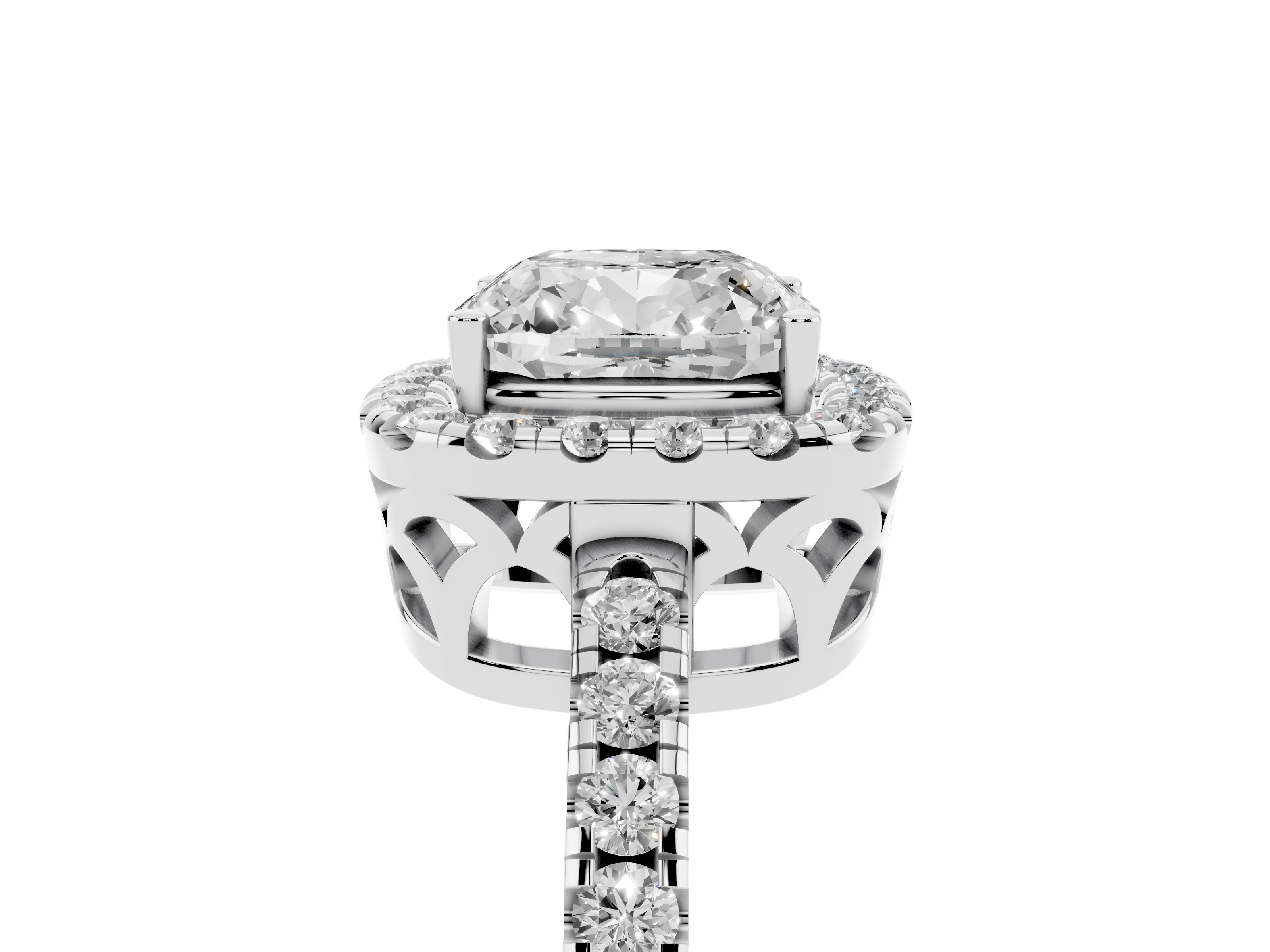 Cushion Cut Diamond Pavé Band Halo Engagement Ring Set in Platinum with Prong Setting
