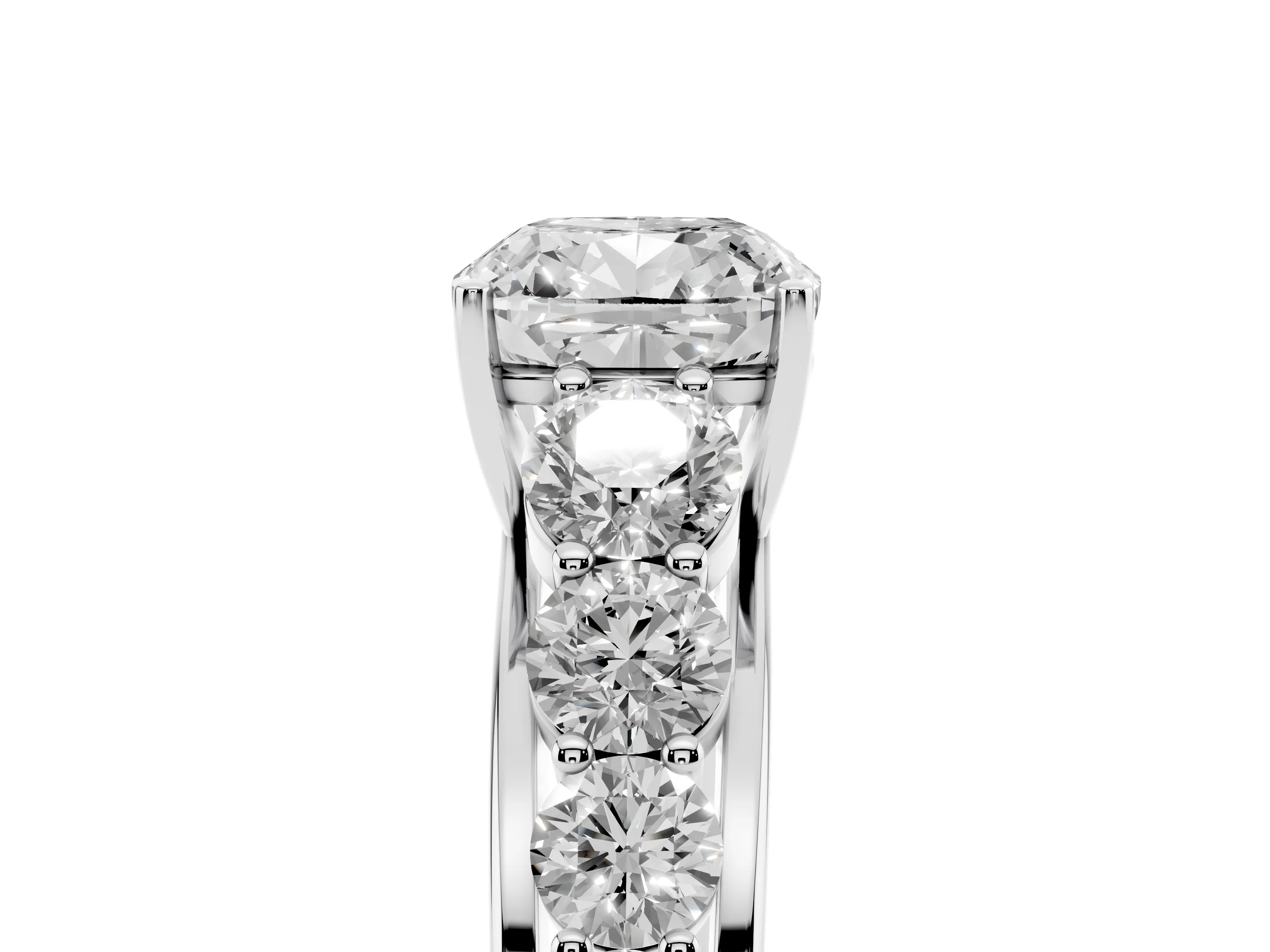 Cushion Cut Diamond Solitaire Ring Set in White gold with Pavé-Set Band and Prong Setting