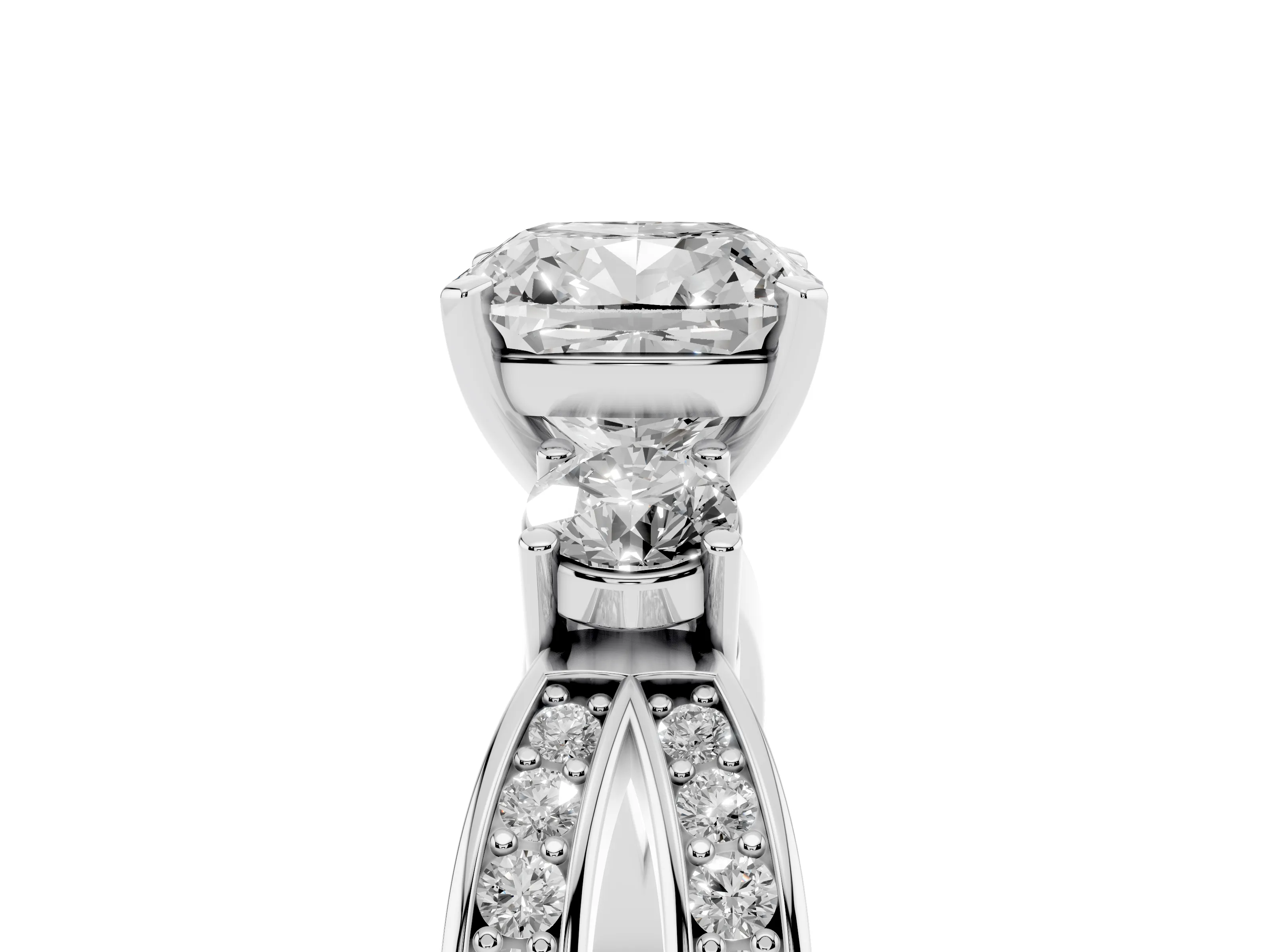 Three-Stone Cushion Cut Diamond Twist Band Ring Set in Silver with Pavé Accents and Prong Setting