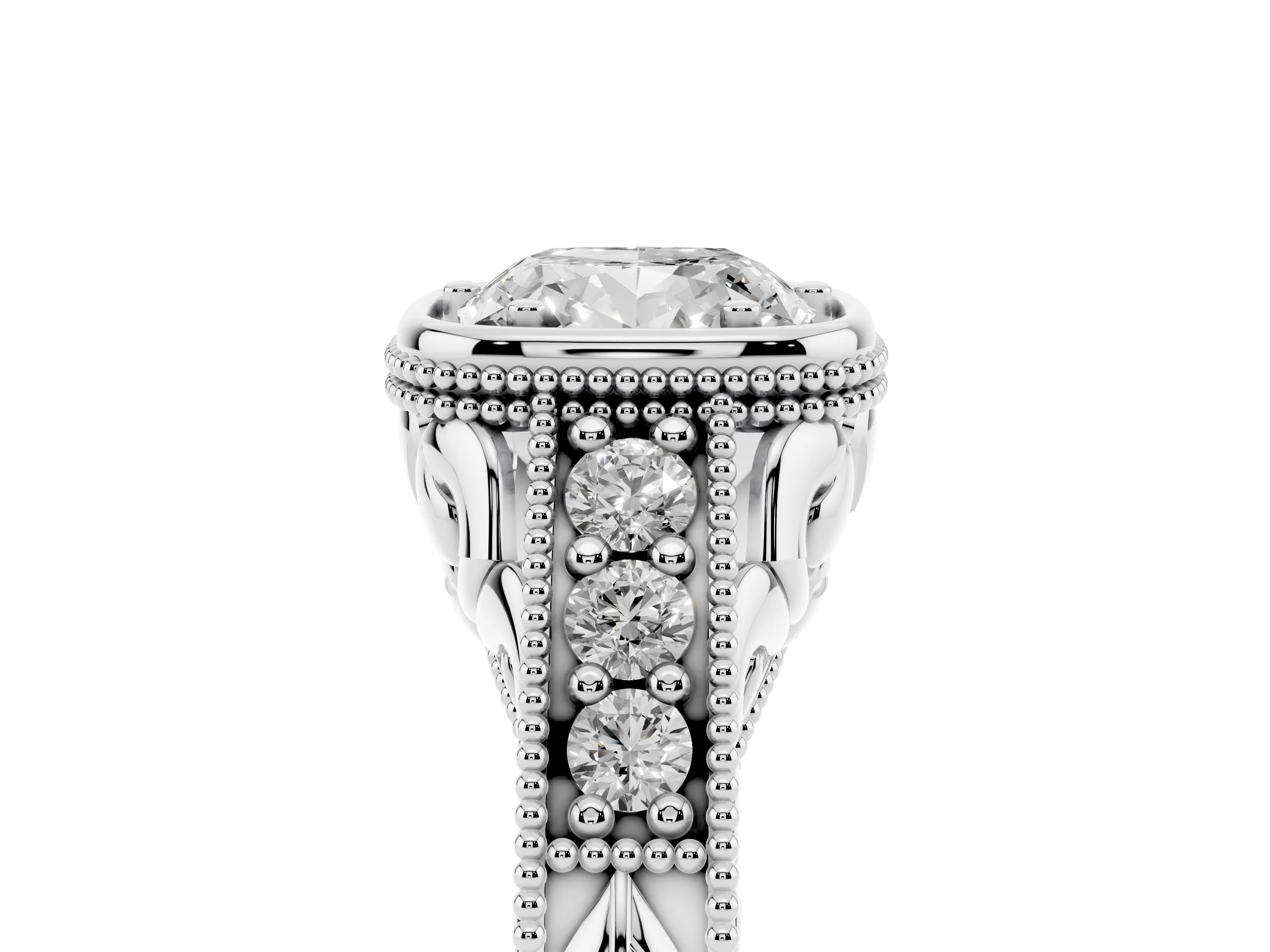 Bezel Set Cushion Cut Diamond Milgrain Pavé Engagement Ring Set in Silver