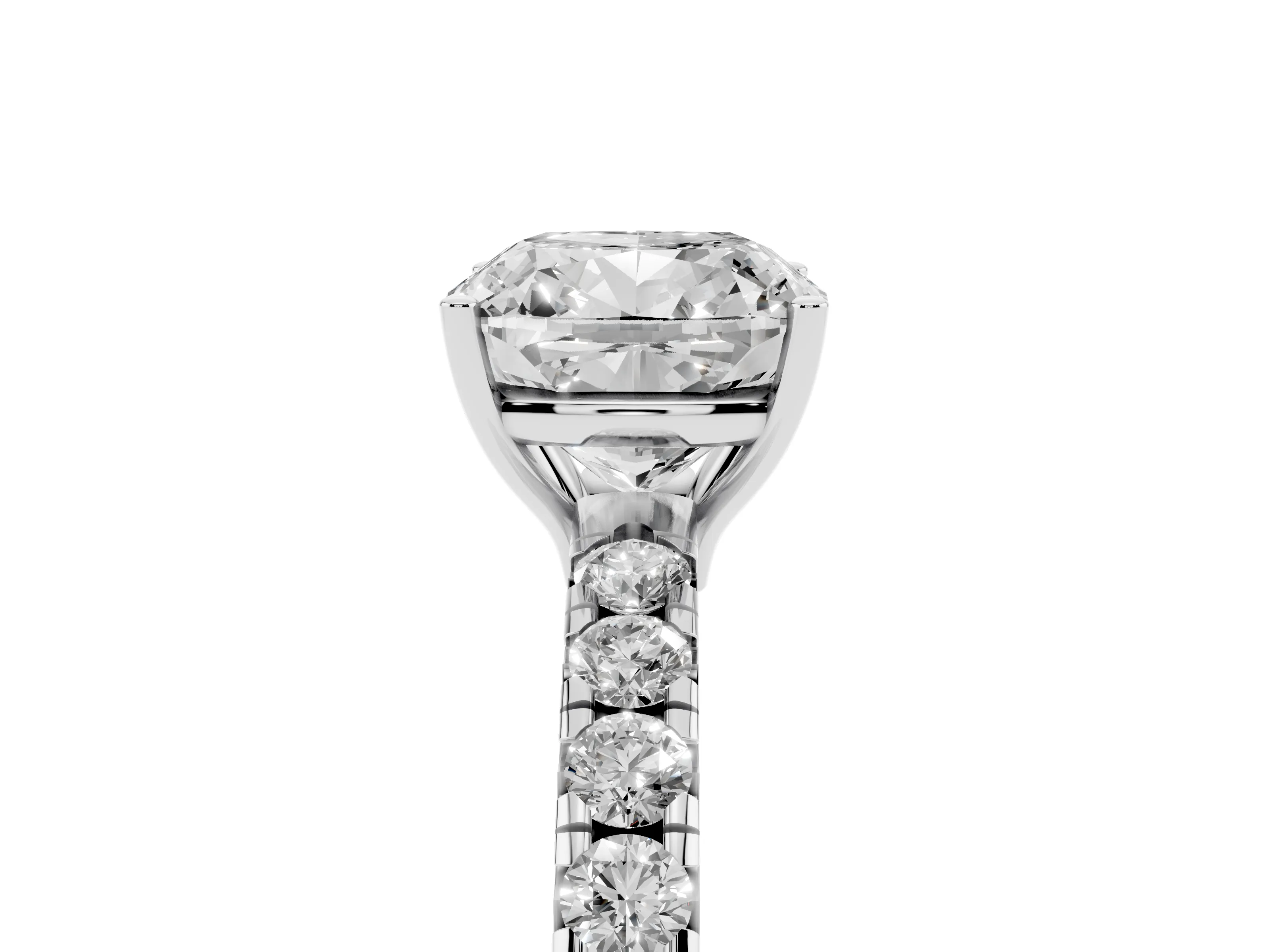Cushion Cut Diamond Pavé Solitaire Engagement Ring Set in Platinum with Prong Setting