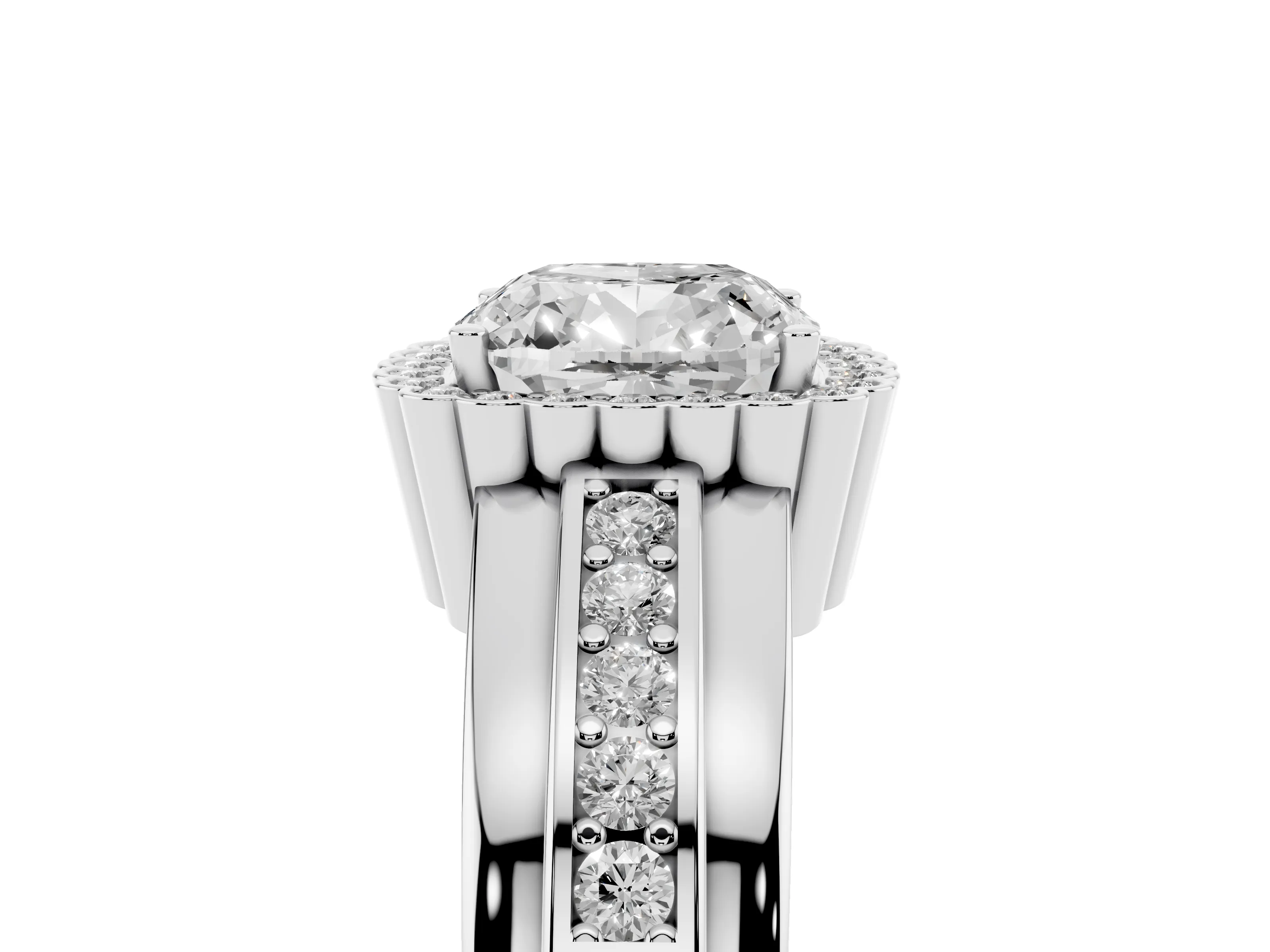 Cushion Cut Diamond Halo Prong Ring Set in Platinum with Pavé Band