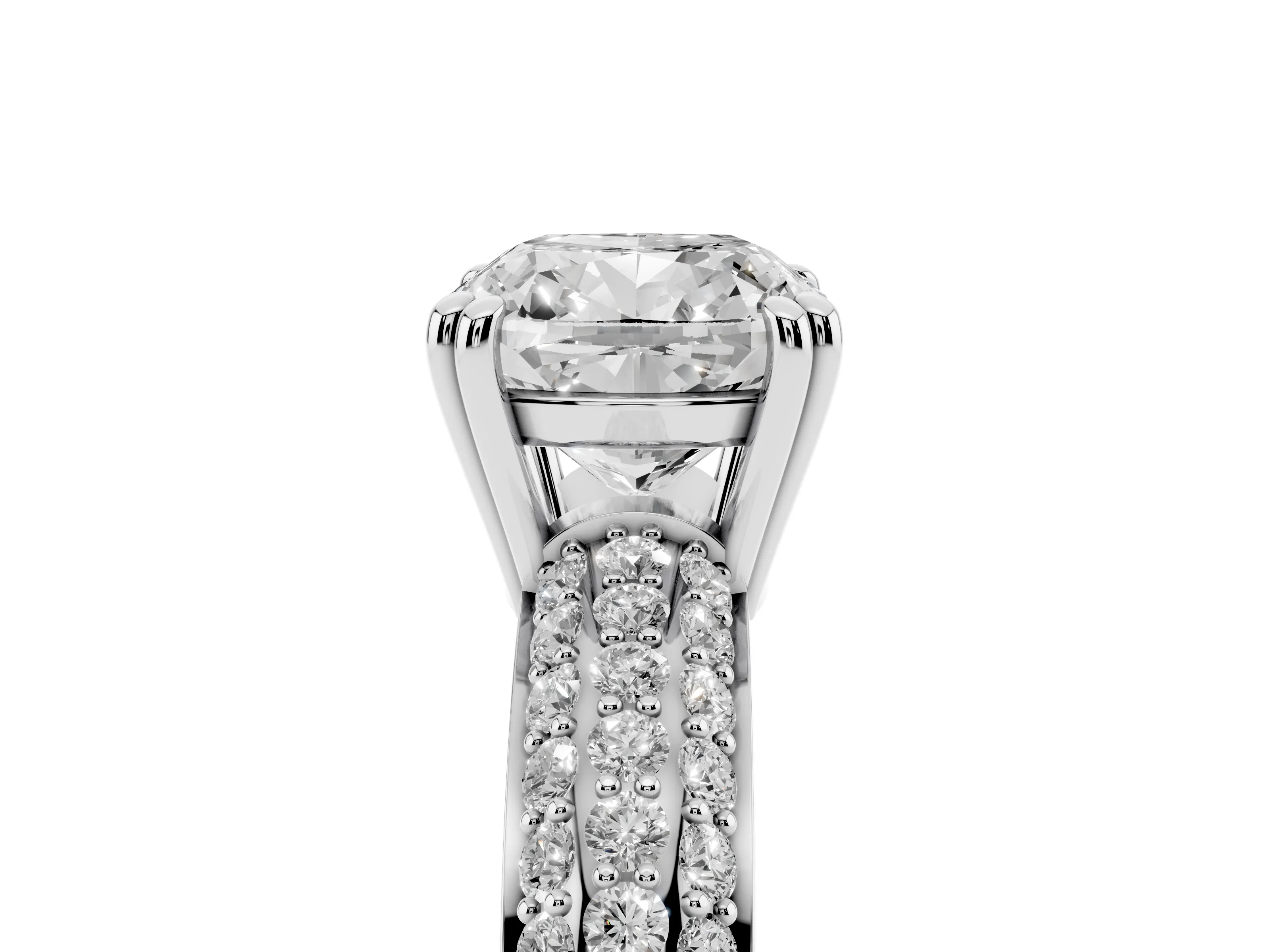 Cushion Cut Diamond Solitaire Ring Set in Silver with Multi-Row Round Pavé Band and Prong Setting