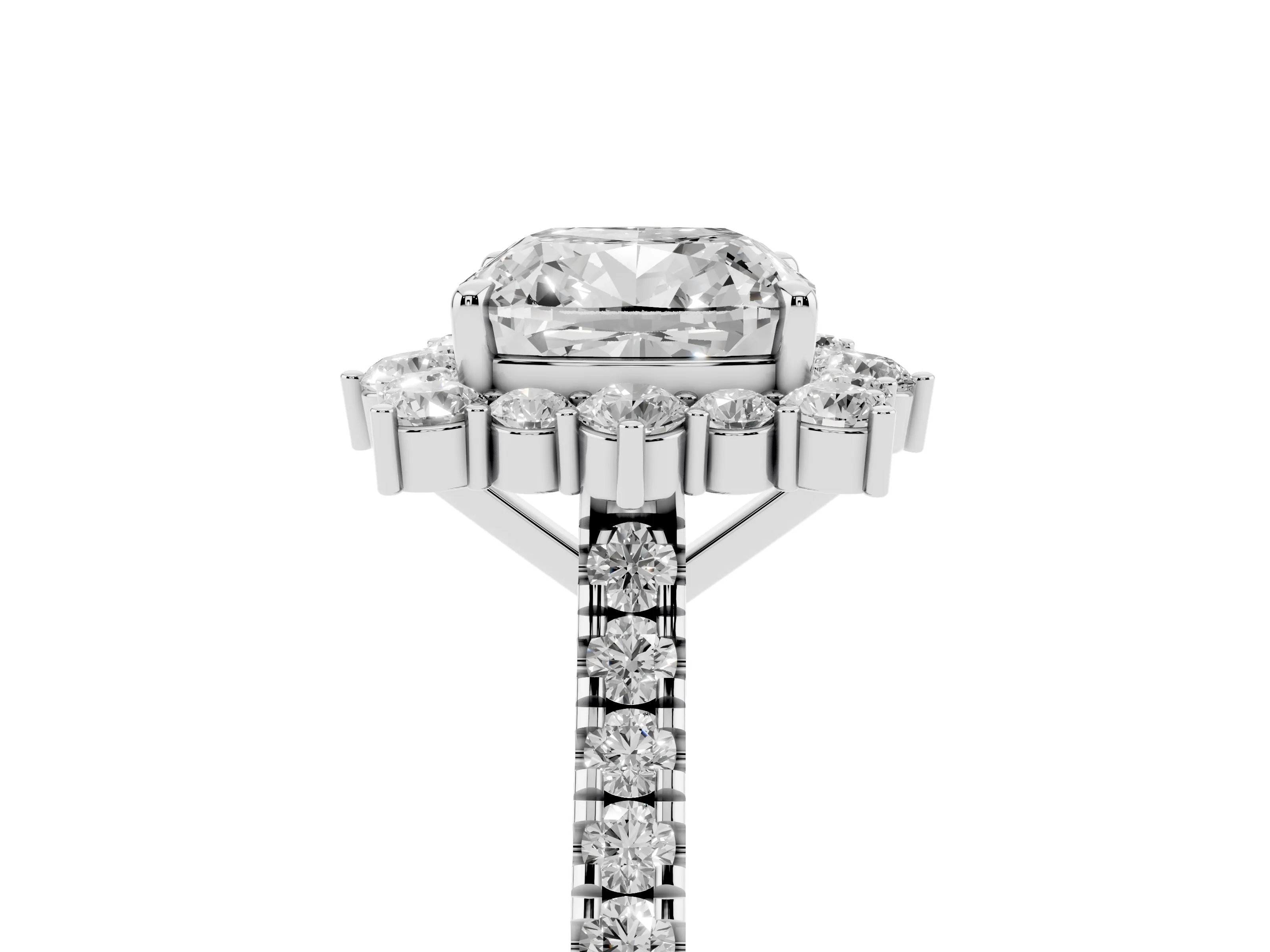 Cushion Cut Diamond Halo Ring Set in Silver with Pavé Band and Prong Setting