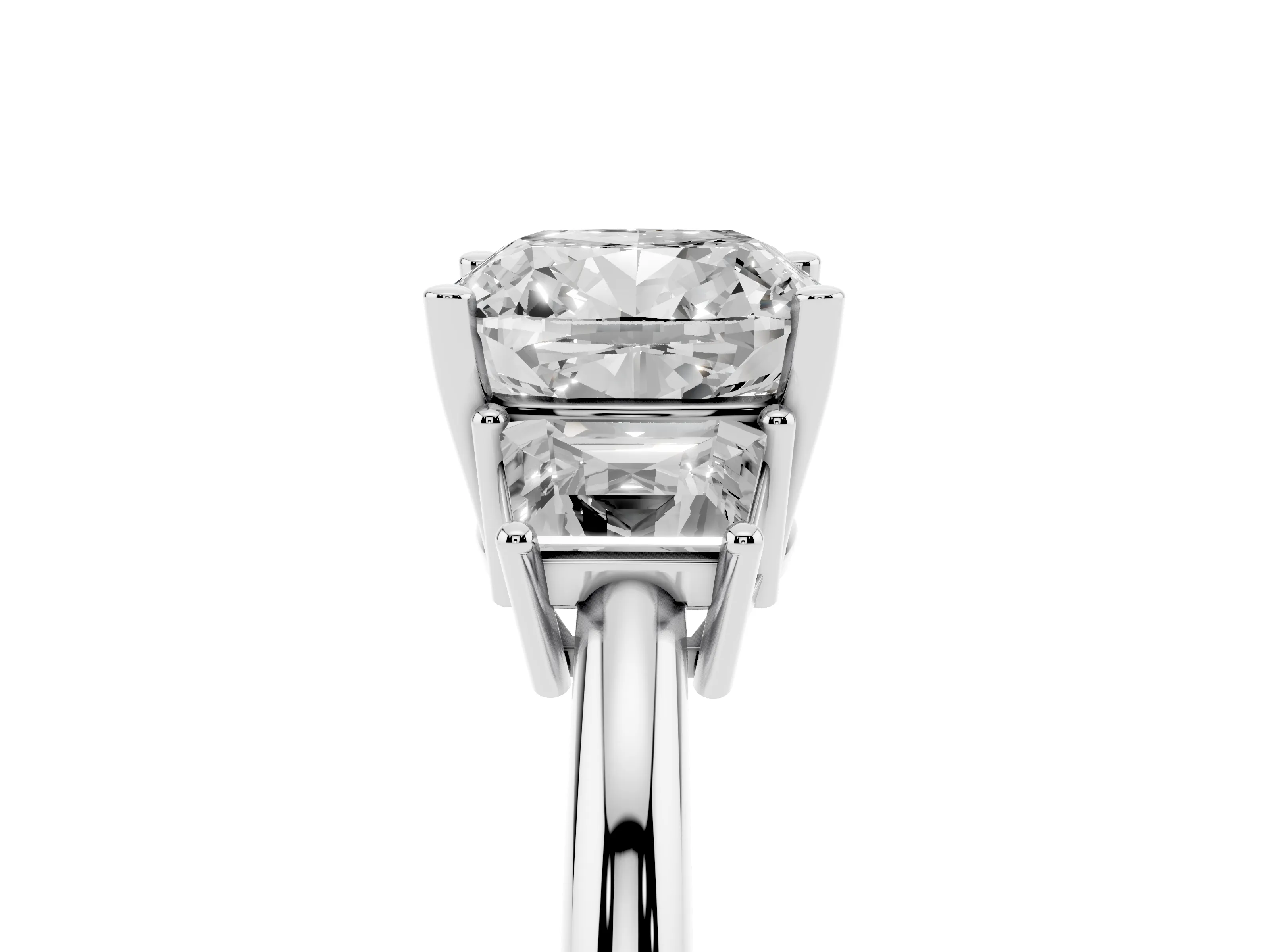 Cushion Cut Diamond Three-Stone Ring Set in Silver with Trapezoid Side Stones and Prong Setting