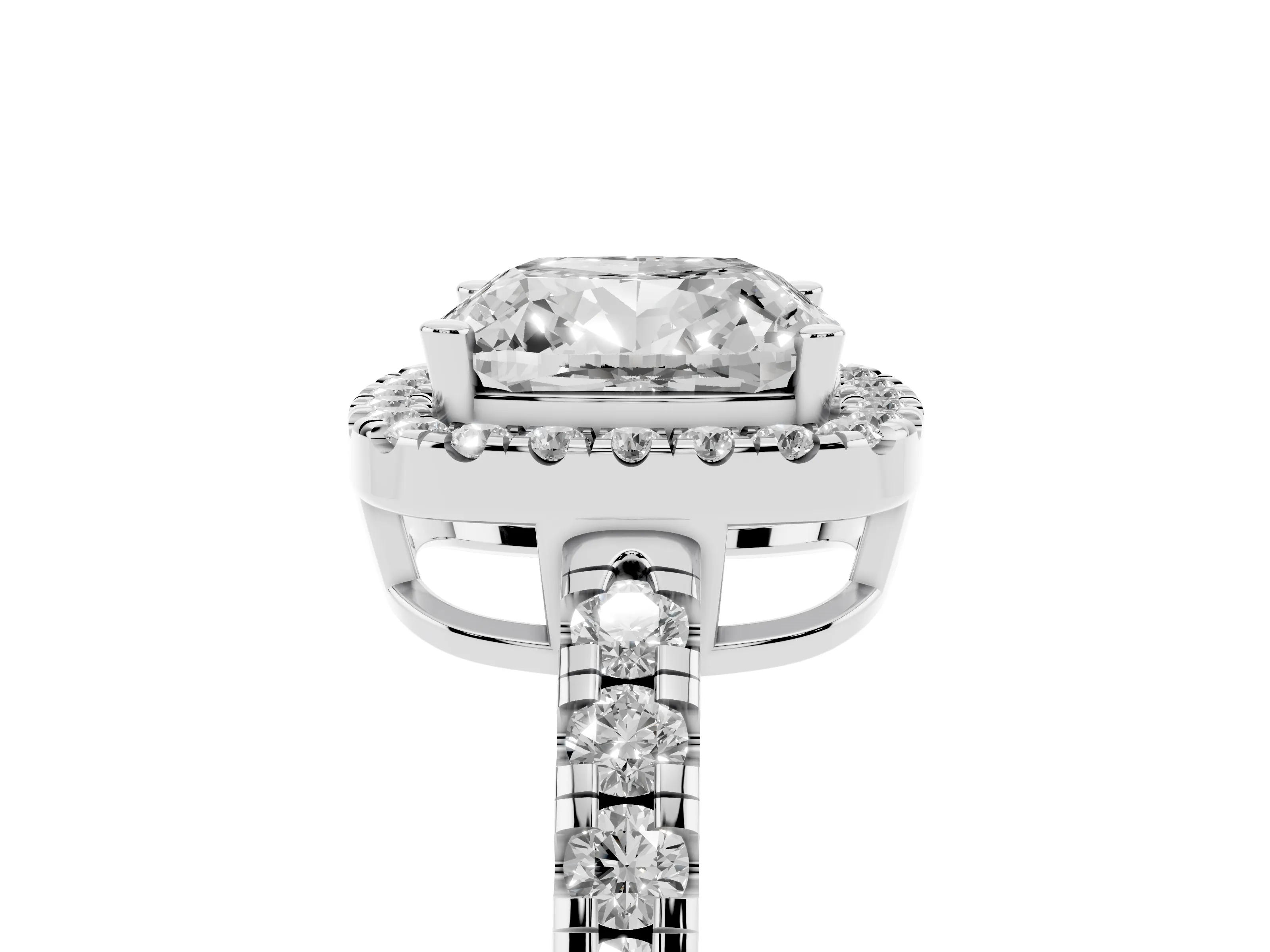 Cushion Cut Diamond Halo Ring Set in Silver with Delicate Pavé Band and Prong Setting