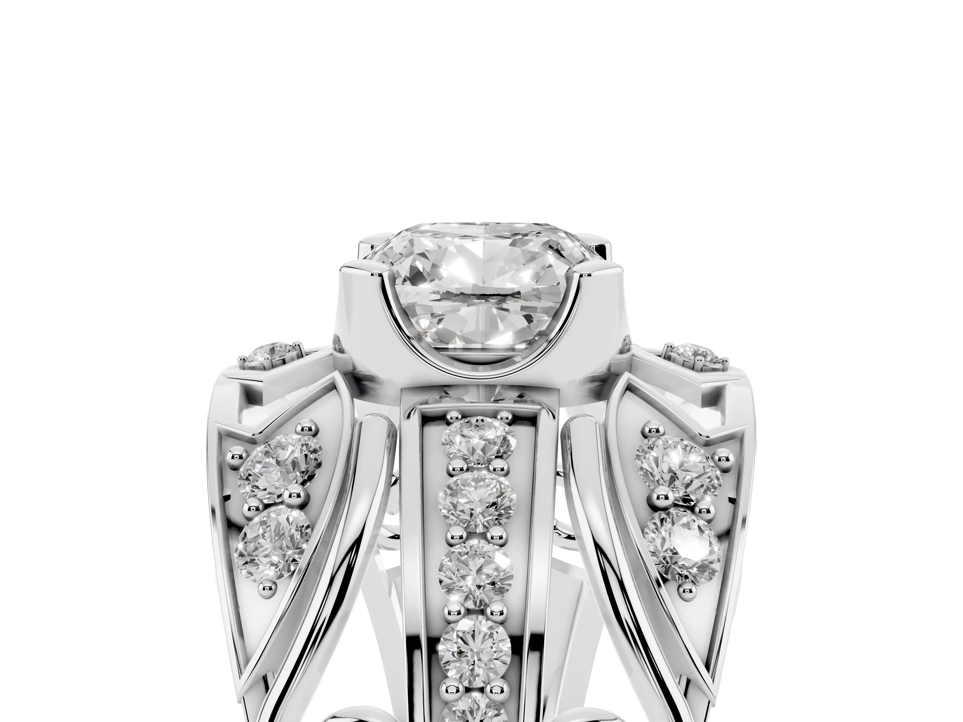 Cushion Cut Diamond Art Deco Ring Set in White gold with Pavé Split Shank