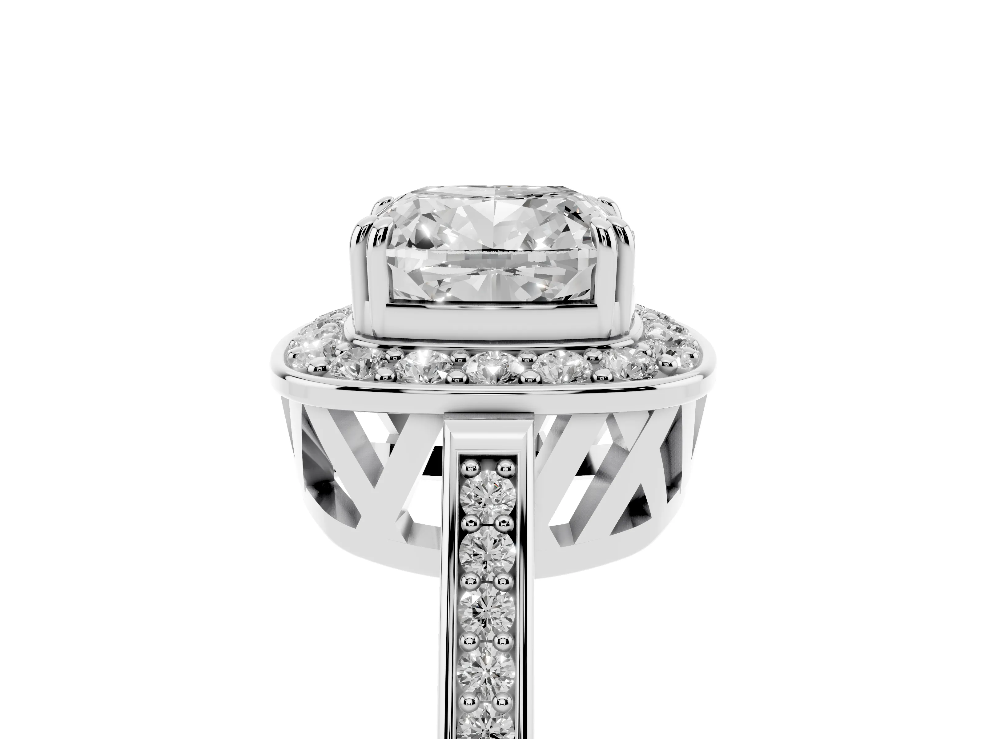 Cushion Cut Diamond Halo Ring Set in Platinum with Accent-Lined Split Shank and Prong Setting