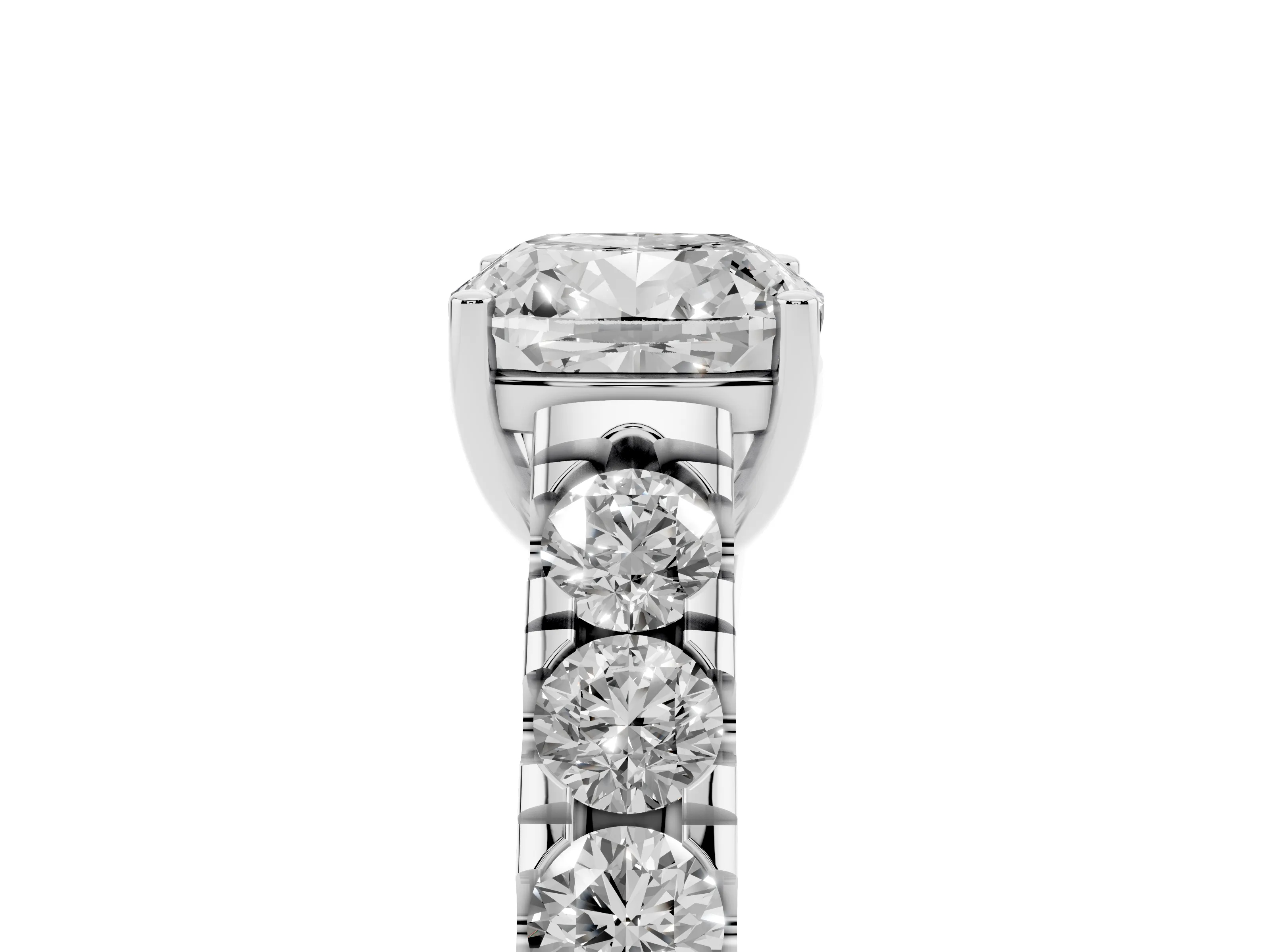 Cushion Cut Diamond Solitaire Ring Set in Silver with Cut-Down Micro Pavé Band and Prong Setting