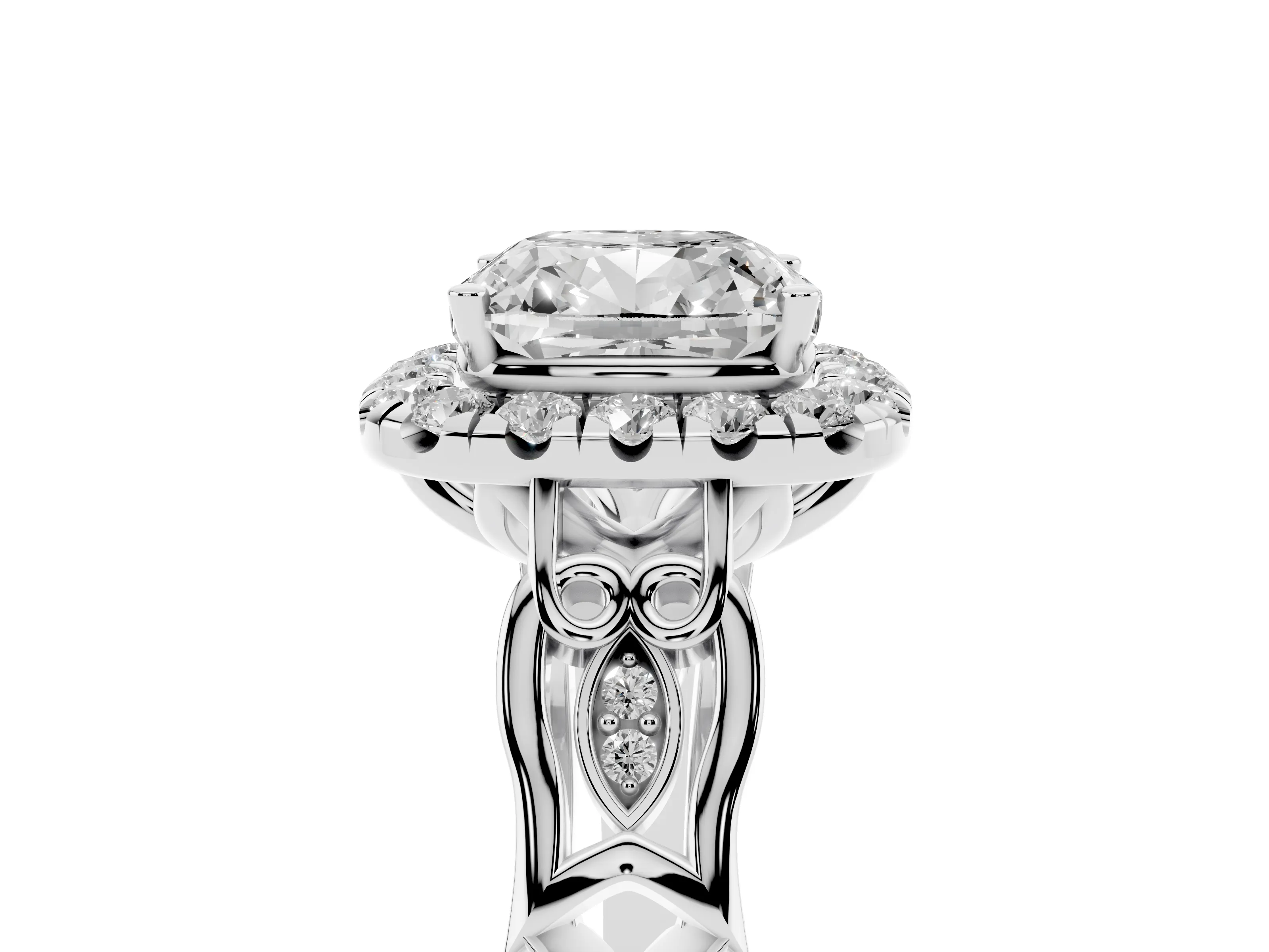 Cushion Cut Diamond Halo Engagement Ring Set in Platinum with Filigree Band and Prong-Set Center