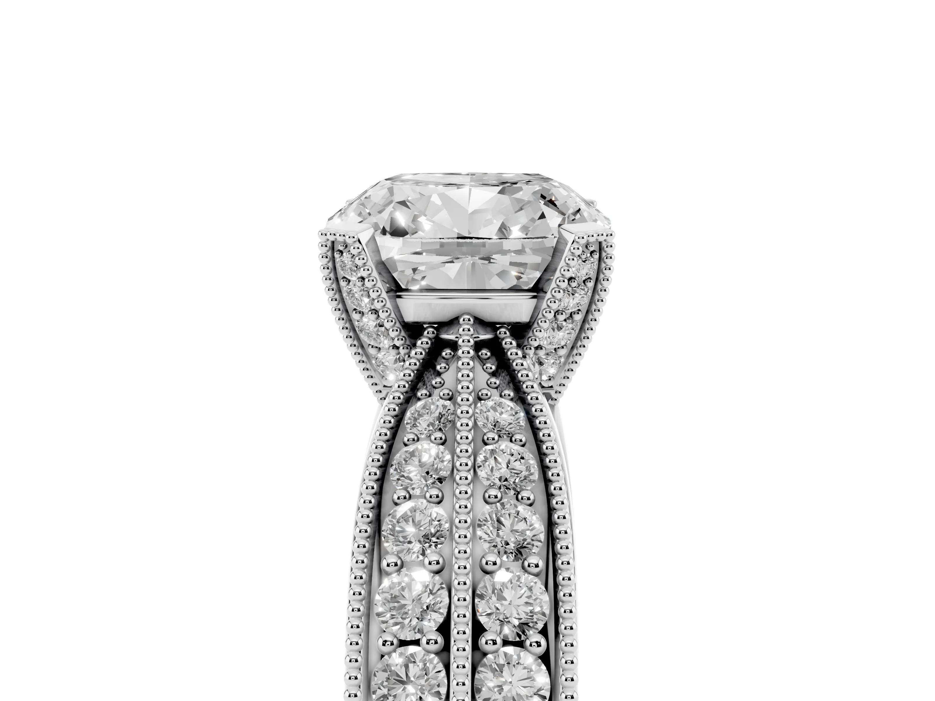Cushion Cut Diamond Solitaire Ring Set in Silver with Milgrain Double Row Round Pavé Band