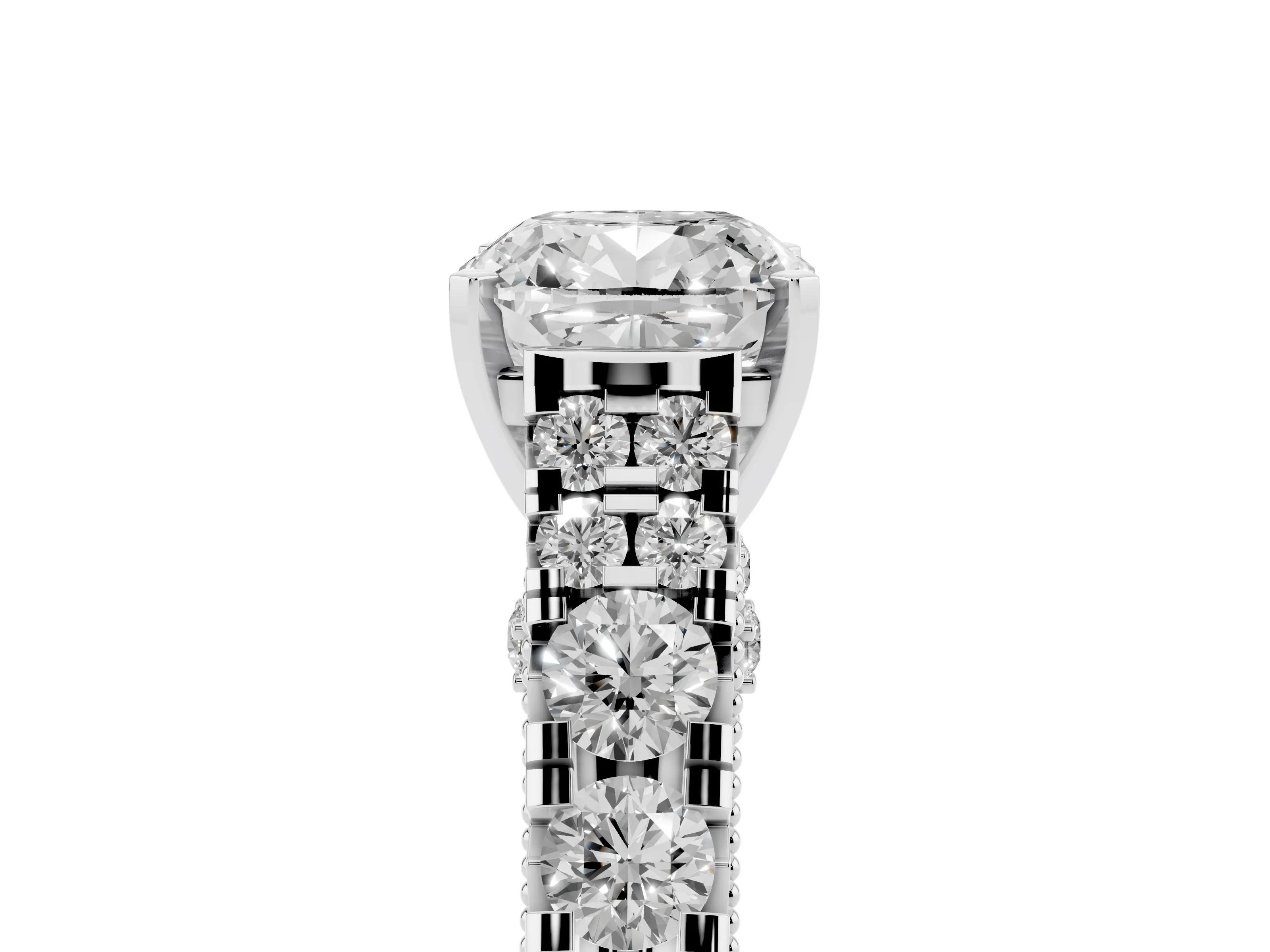 Cushion Cut Diamond Classic Solitaire Ring Set in Platinum with Pavé Band and Prong Setting
