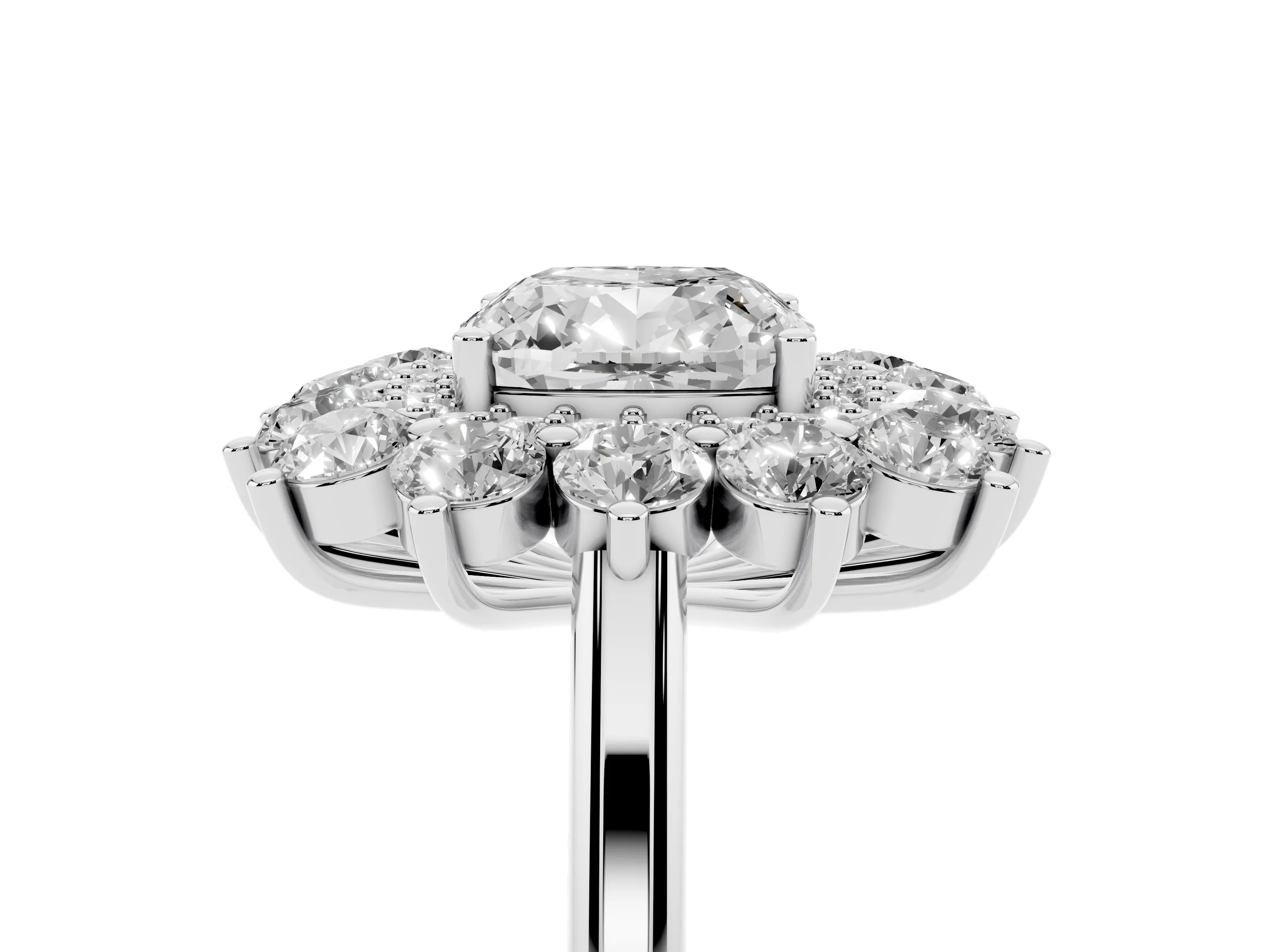 Cushion Cut Diamond Floral Double Halo Ring Set in Silver with Round Petals